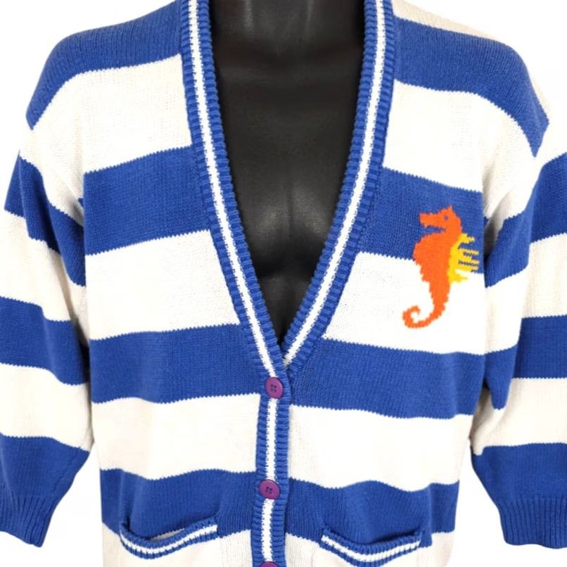Vintage VINTAGE Counterparts Seahorse Cardigan Sweater Womens Petite Blue 90s Striped Knit Cardigan Women XS- petite Size S / US 4 / IT 40 - 2 Thumbnail