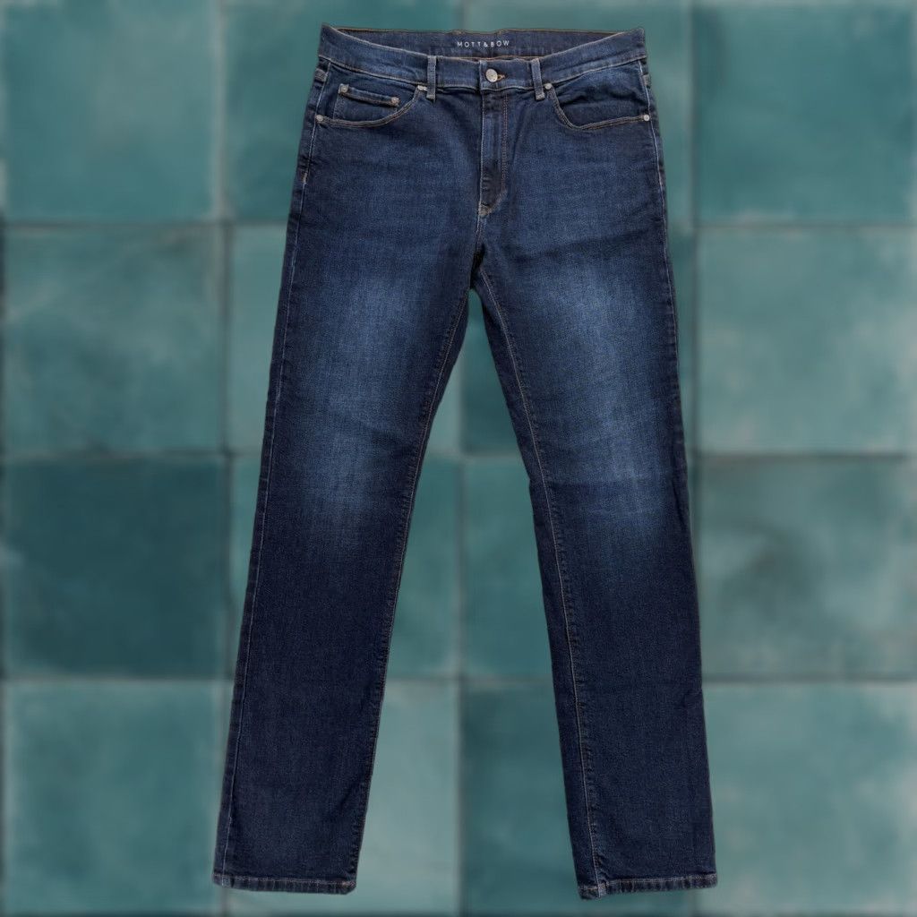 Mott & Bow Mott & Bow Jeans Slim Mens 35x34 Blue Dark Wash Denim Pants Slim Stretch Cotton Blend Pockets Zip 35 Inseam Straight Size US 35 - 1 Thumbnail