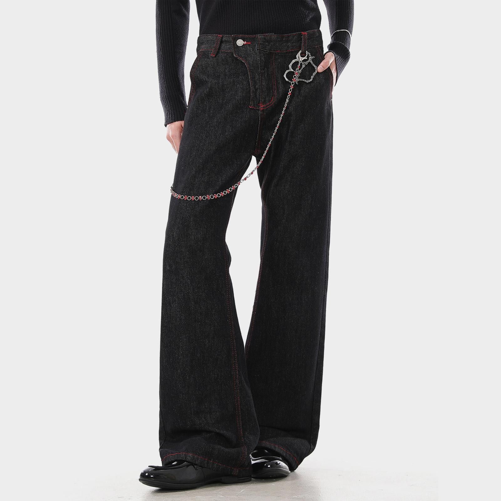 Vintage Black Wide Leg Denim Jeans with Chain Detail Size US 32 / EU 48 - 3 Thumbnail