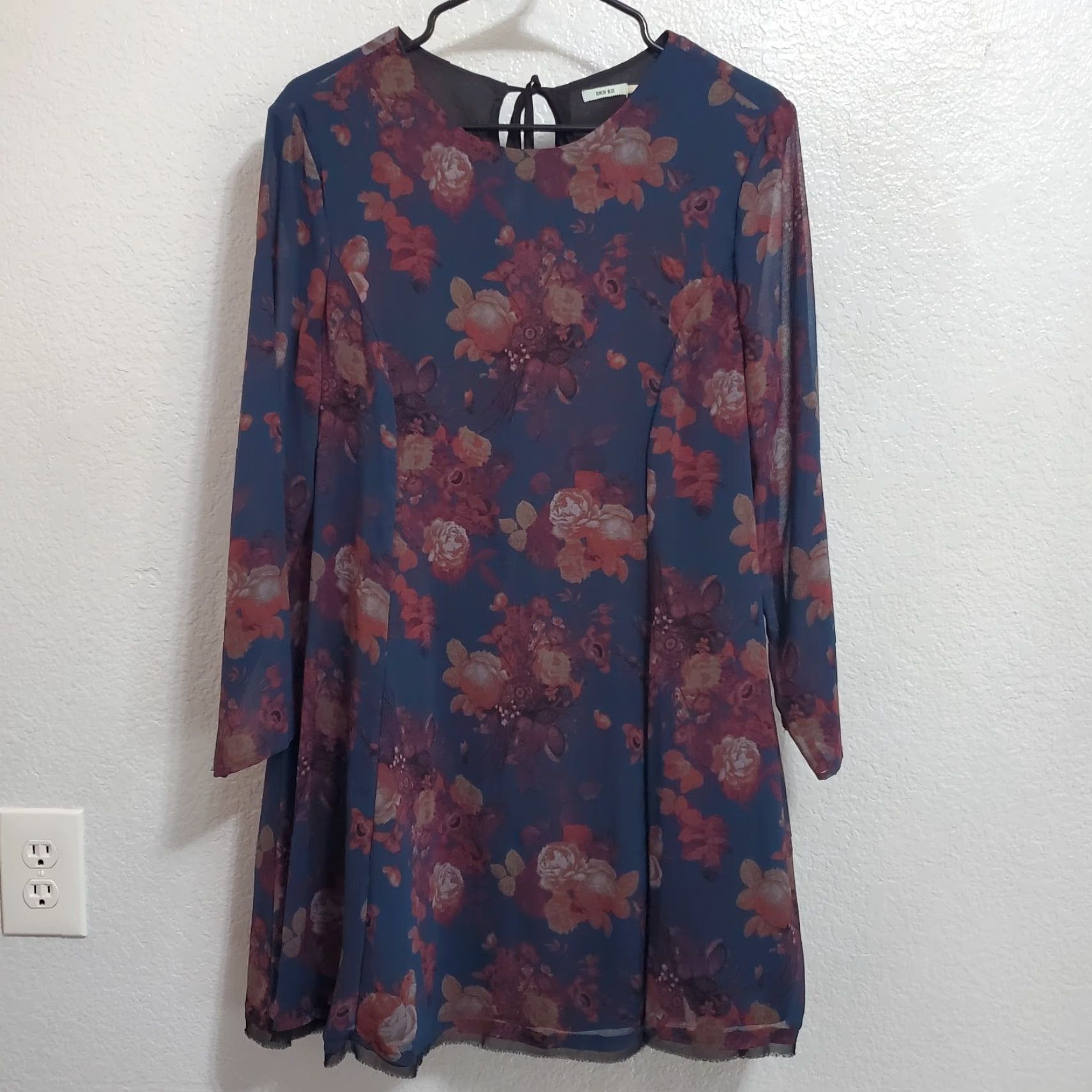 Vintage Kimchi Blue Dress Women L Blue Floral A Line Sheer Long Sleeves Lined Tie Back Eyelash Hem Boho Casual Party/Cocktail Travel Size L / US 10 / IT 46 - 2 Thumbnail