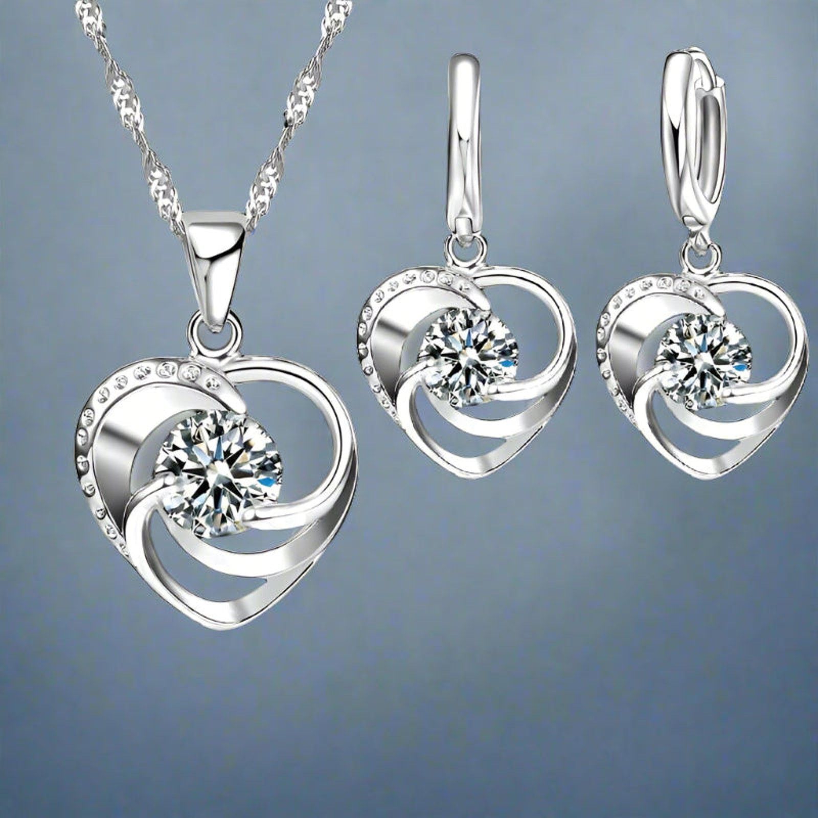 Other 925 Sterling Silver Heart Necklace & Earrings Set Size ONE SIZE - 4 Thumbnail