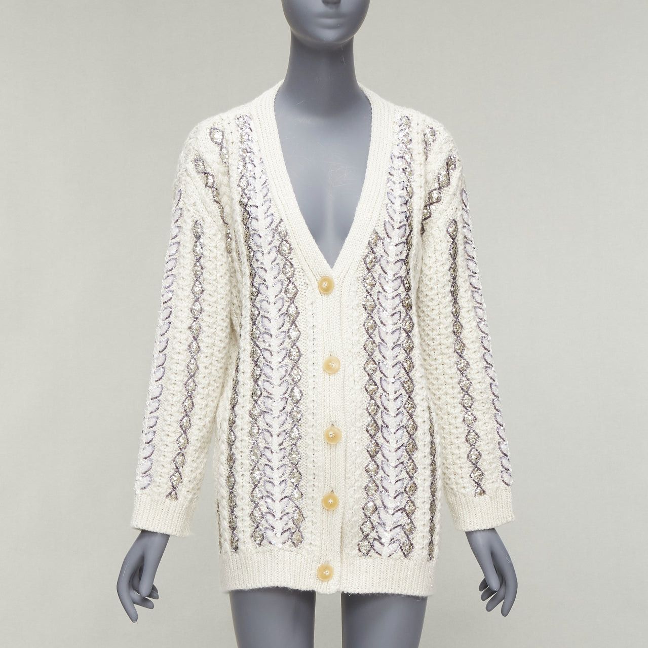 image of Valentino 2023 Cream Silver Wool Sequin Logo Embellished Cardigan It36 S, Women's (Size XS)