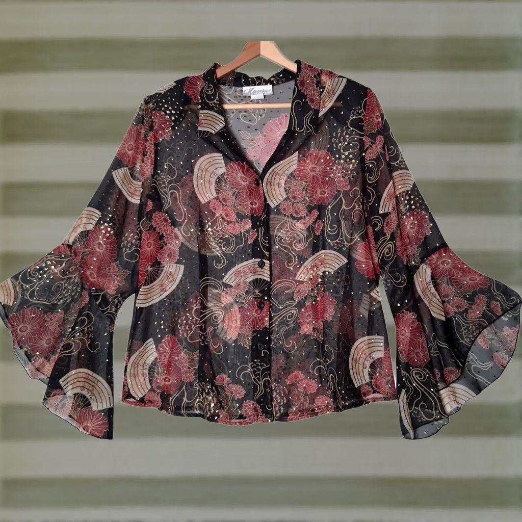 Vintage VINTAGE Dressbarn Blouse Plus Size 18/20 Sheer Black Metallic Gold Floral Bell Sleeve Size XXL / US 16-18 / IT 52-54 - 1 Thumbnail