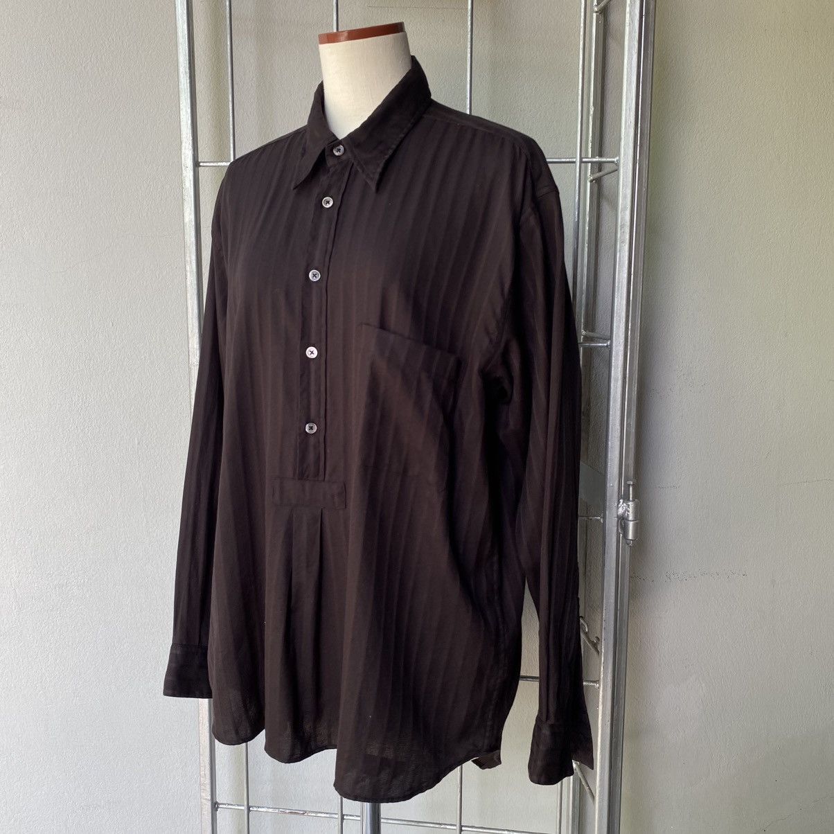Paul Smith Paul Smith Dark Brown Half-Placket Pinstripe Shirt Size L / US 10 / IT 46 - 1 Thumbnail