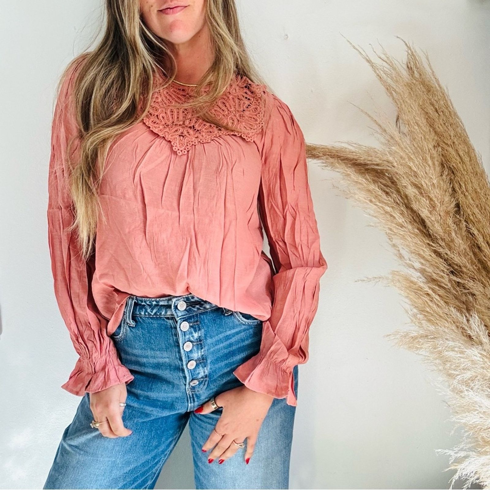 Nordstrom NEW PEPPER Dusty Rose Pink Crochet Lace $88 Blouse Shirt Top Size S / US 4 / IT 40 - 1 Thumbnail