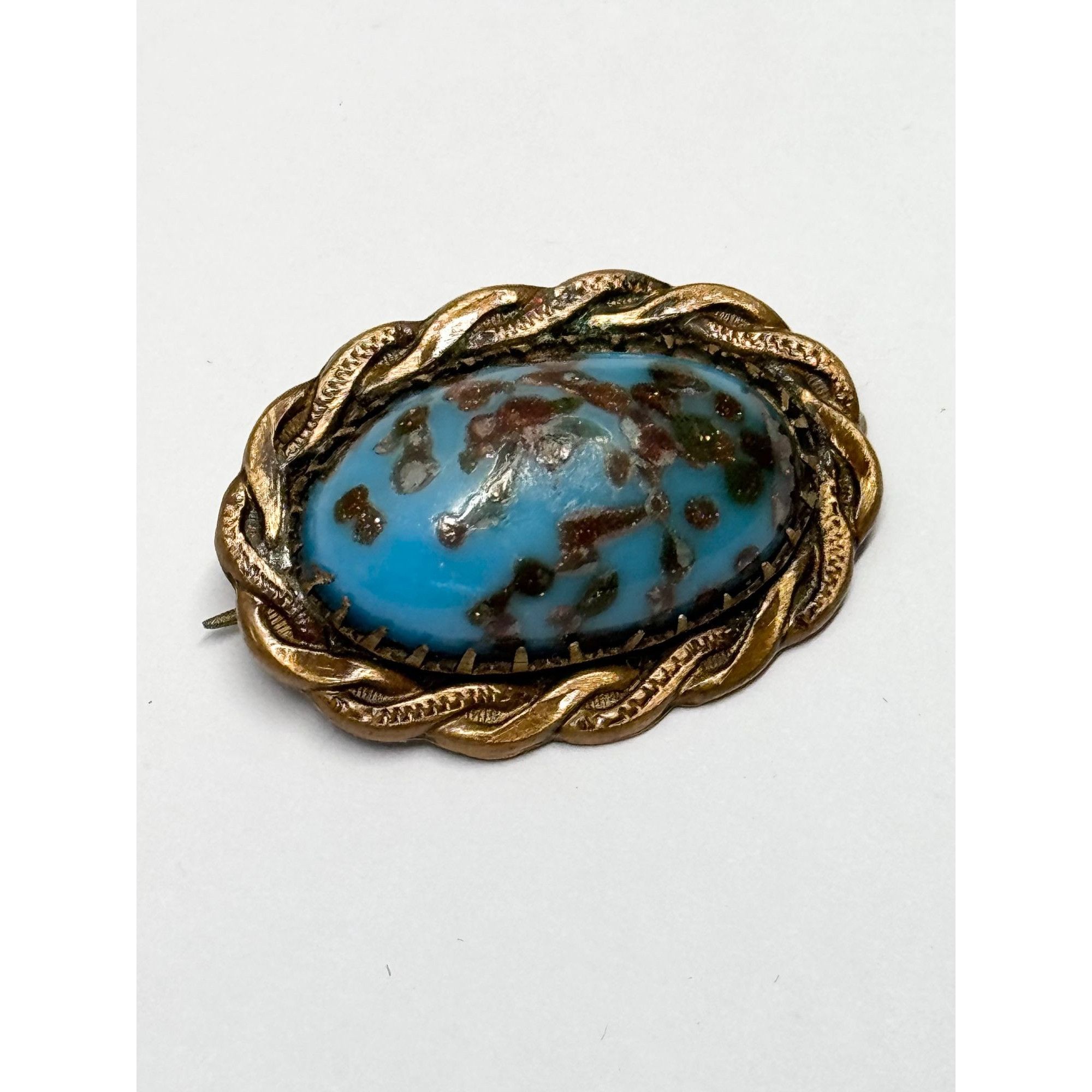 Vintage Estate brass speckled art glass brooch pin Size ONE SIZE - 2 Thumbnail