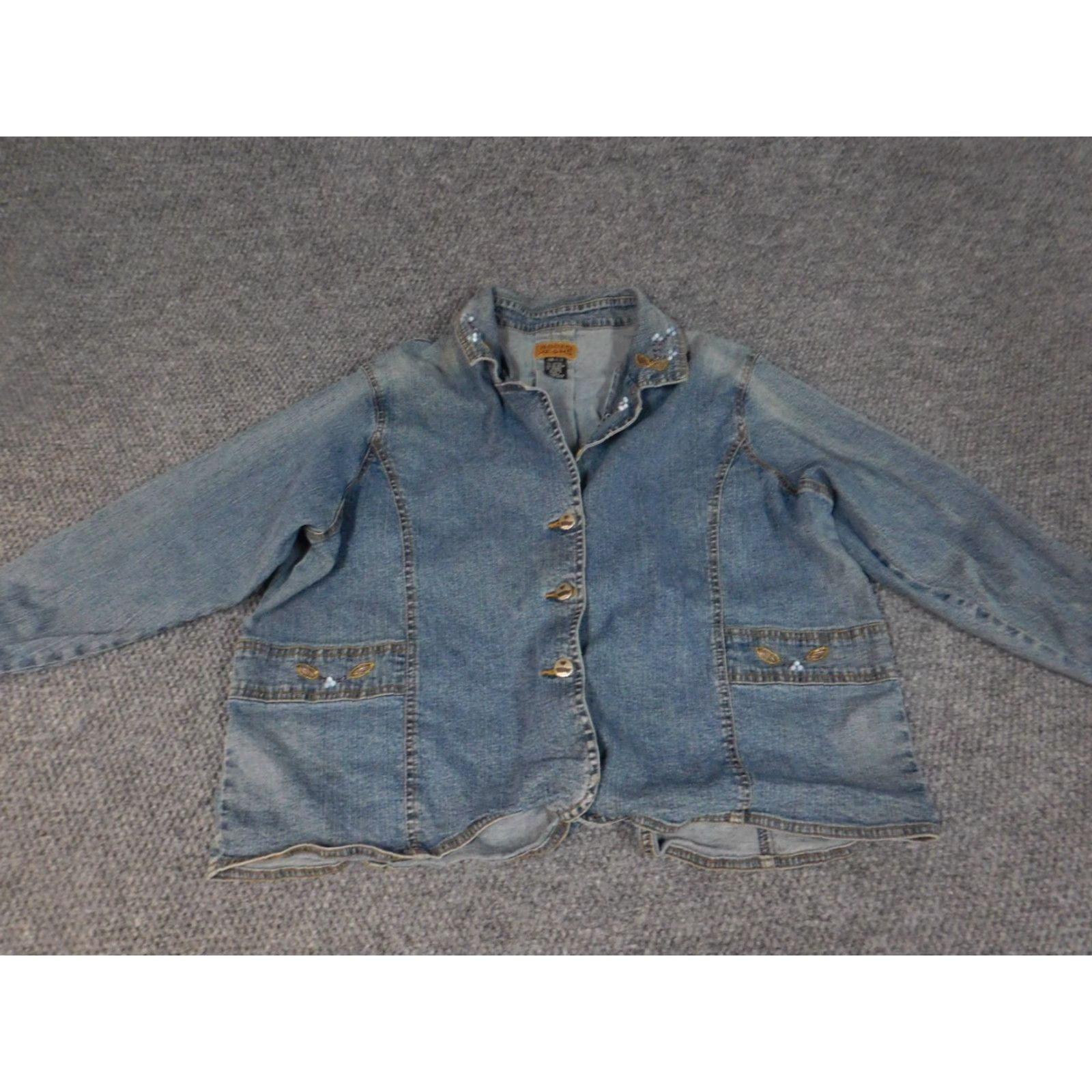 Denime Rodeo Jacket Womens 10 Blue Denim Button Long Sleeve Collared Embroidered Casual Basic Solid Mid-Length Jacket Coat Womens Size 32" / US 10 / IT 46 - 2 Thumbnail