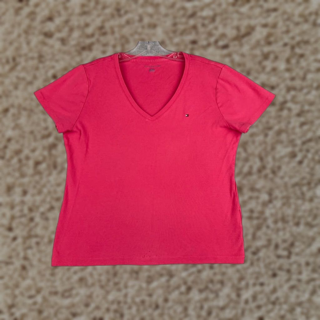 Tommy Hilfiger Tommy Hilfiger Pink Cotton V-Neck Shirt Women's XL Short Sleeve Casual Designer Size XL / US 12-14 / IT 48-50 - 1 Thumbnail