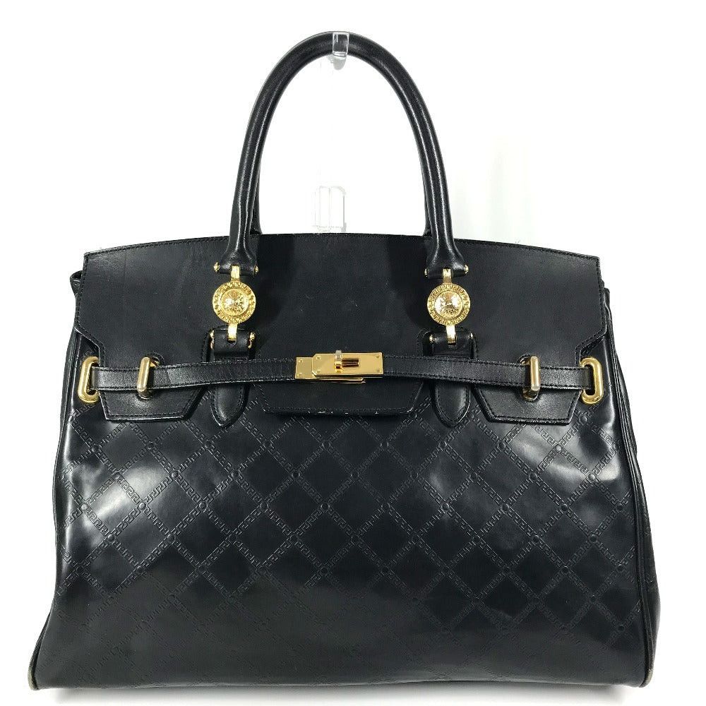 Versace Sunburst Logo Tote Bag 2 Way Handbag Shoulder Leather Women Black
