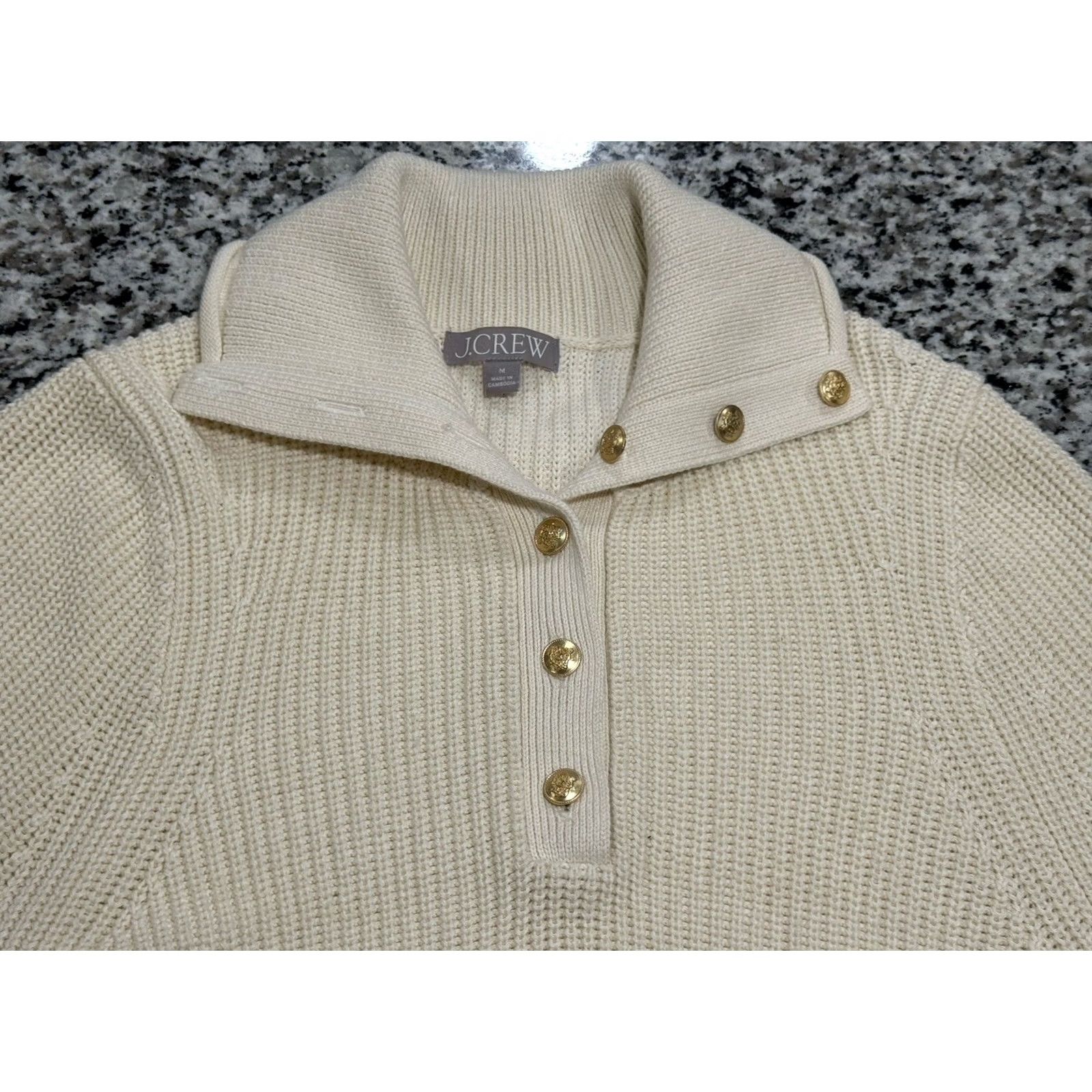 J.Crew J. Crew Ribbed Cotton Button-Collar Sweater Long Sleeve Sz M Womens Cream Knit Pullover Classic Holiday Casual Travel - Mens? Size M / US 6-8 / IT 42-44 - 2 Thumbnail