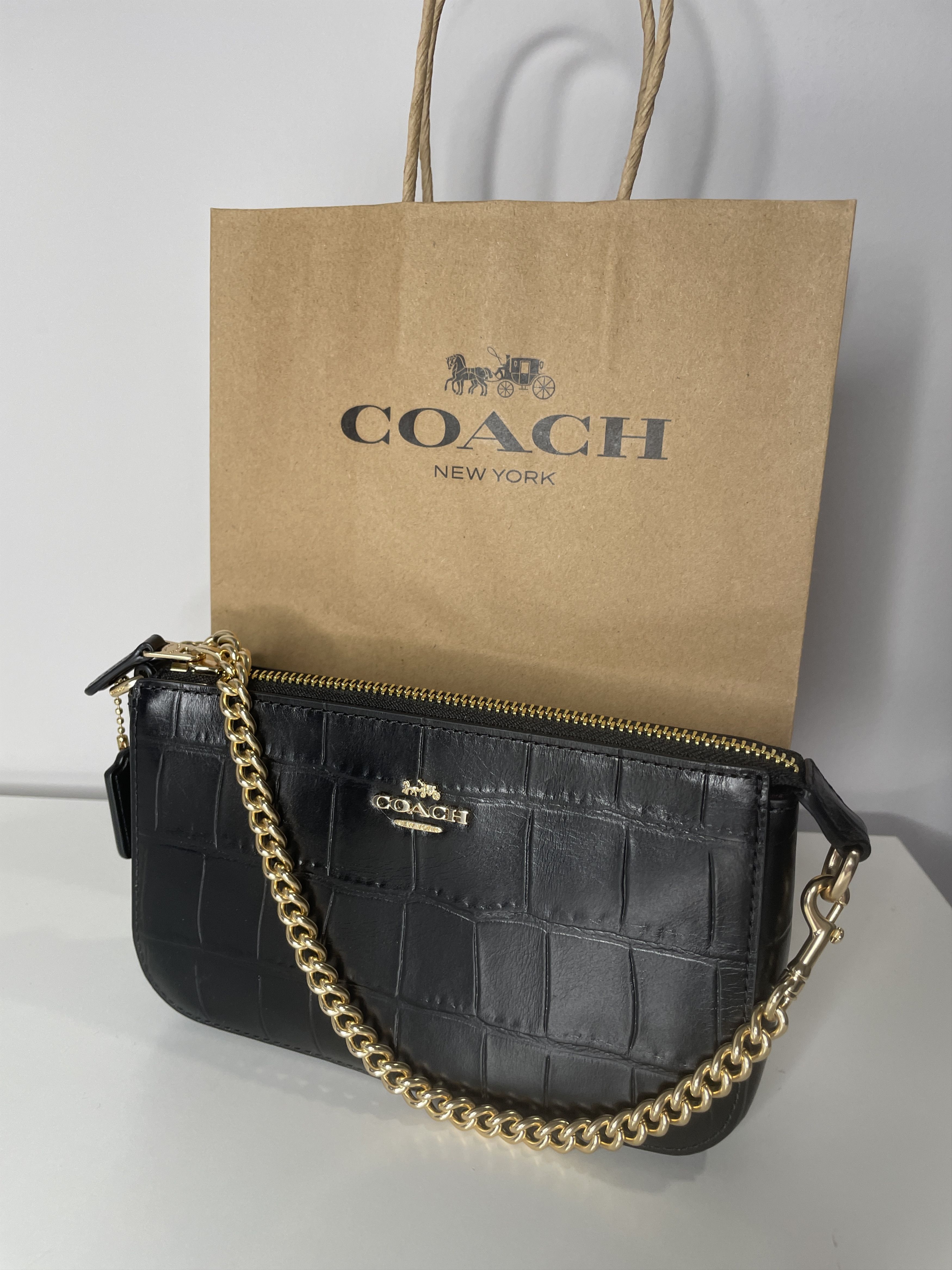image of Coach Nolita 19 Crocodile-Embossed Leather Gold Chain in Black, Women's
