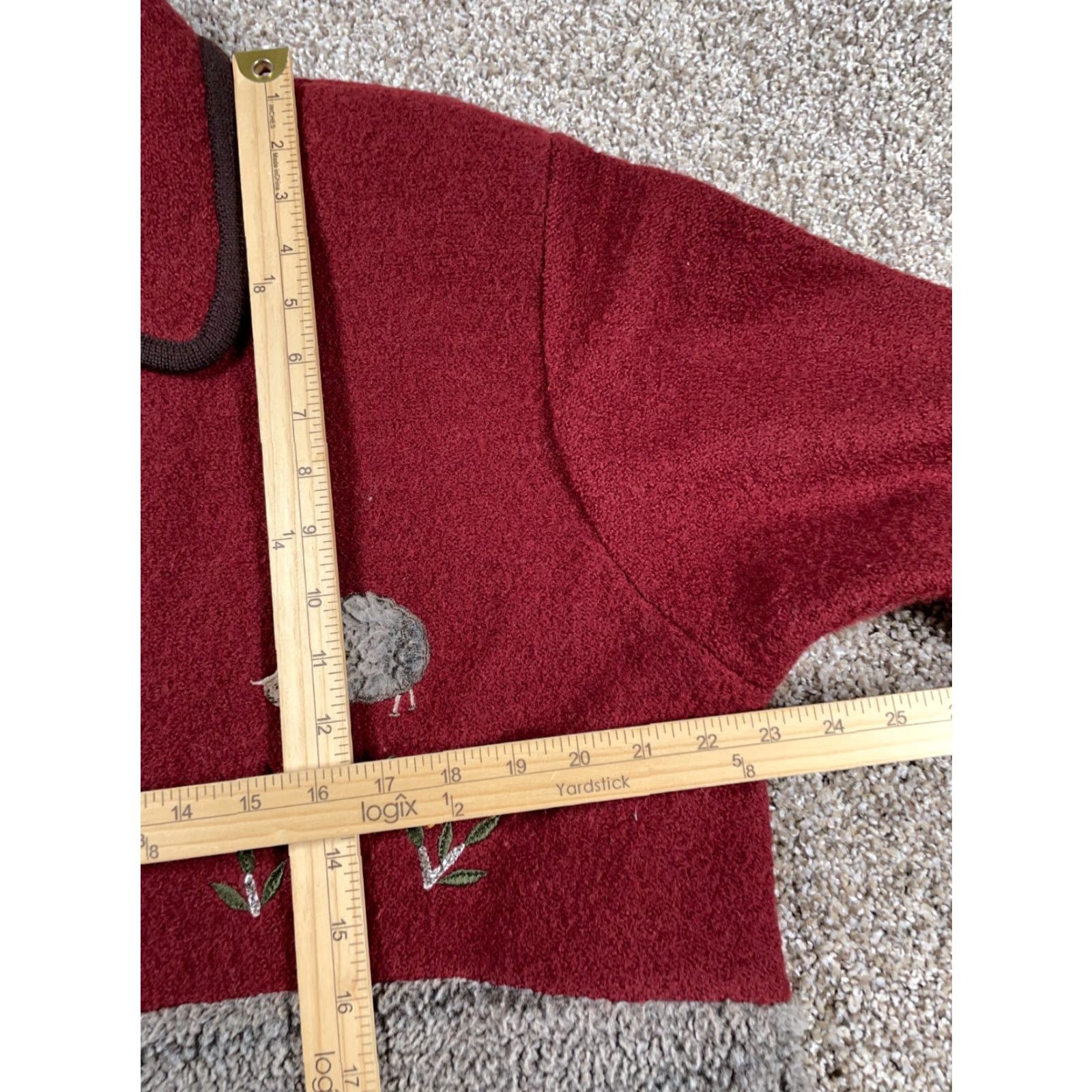 Vintage Bernardo Wool Jacket Women's Medium Dark Red Geometric Outdoor Embroidered 90s Relaxed Pockets Button Front Unlined Casual Knit Fabric Coat Short Size M / US 6-8 / IT 42-44 - 6 Thumbnail