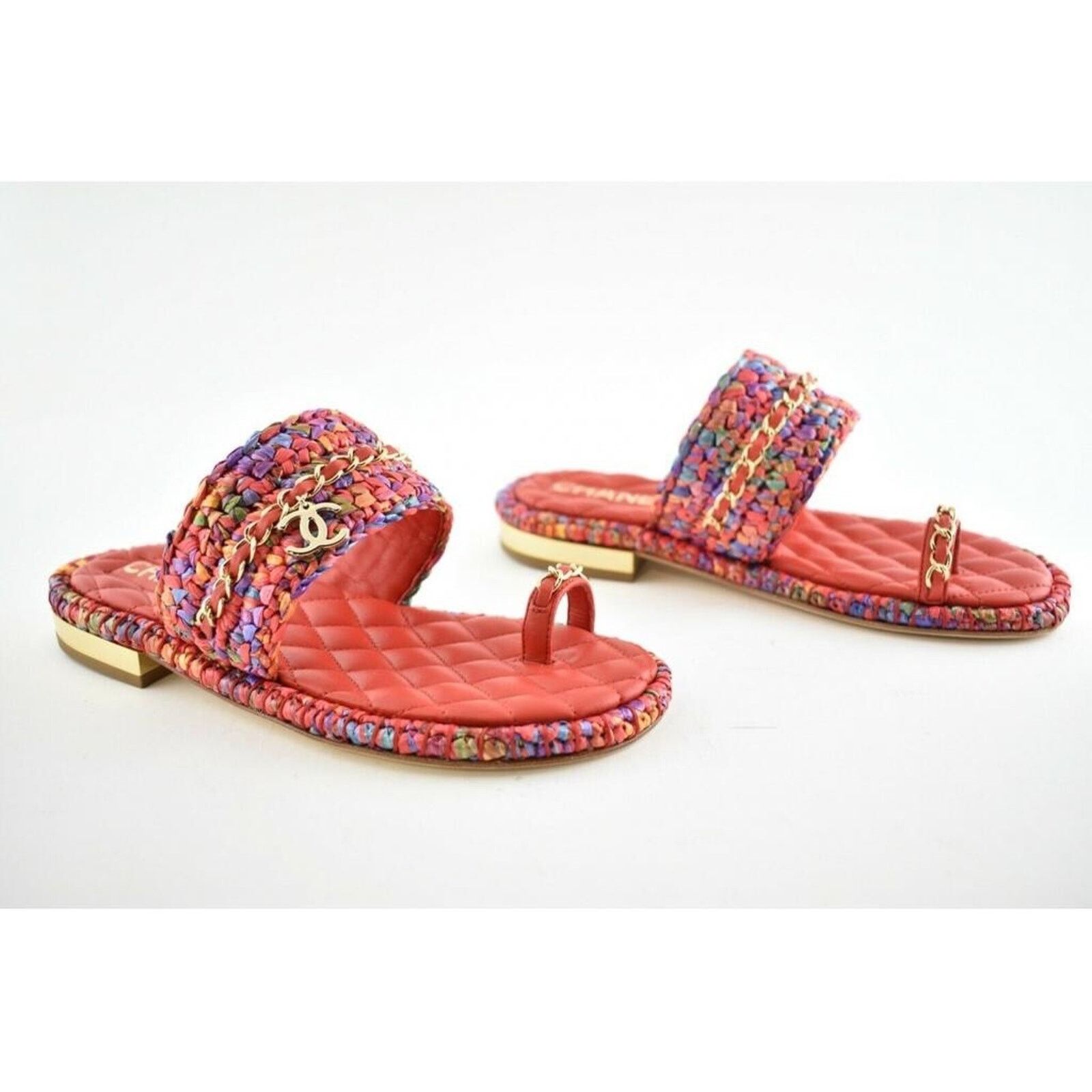 Chanel Chanel 20S Red Blue Purple Raffia Tweed CC Logo Mule Size US 6 / IT 36 - 2 Thumbnail