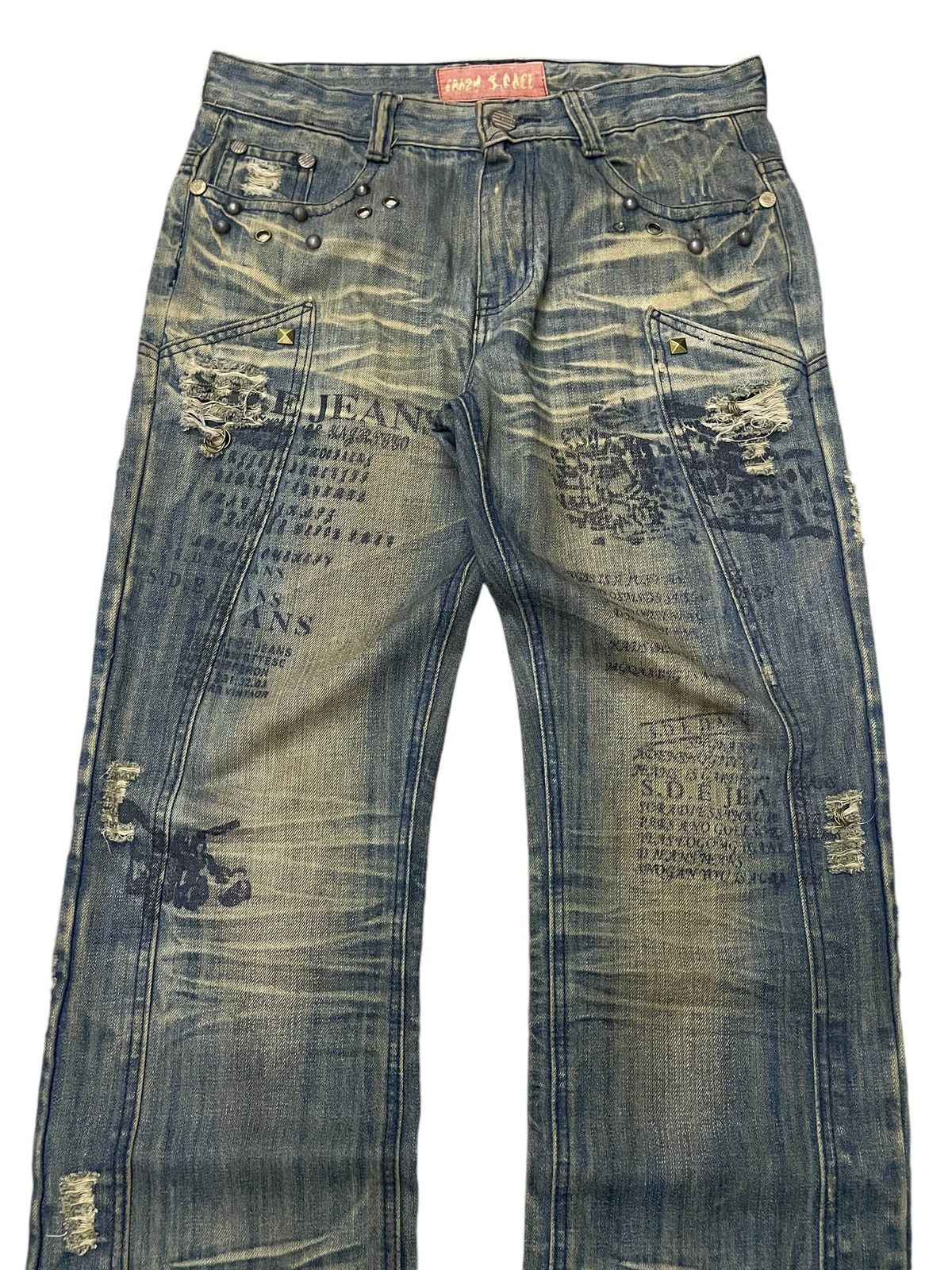 If Six Was Nine × Japanese Brand × Junya Watanabe Crazy Race Pierced & Studded Panelled Poem Mud Jeans Size US 32 / EU 48 - 3 Thumbnail