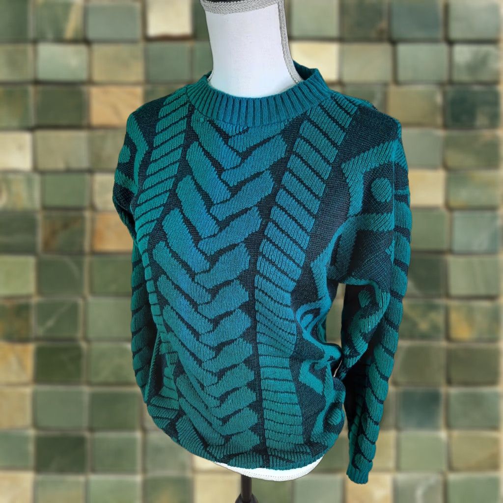 Vintage VINTAGE Grannycore 90s Sweater Crewneck Pullover Green USA S6C M Jane Adams Sweater Geometric Pullover Crewneck Womens (adjusted for relevance) Size M / US 6-8 / IT 42-44 - 1 Thumbnail