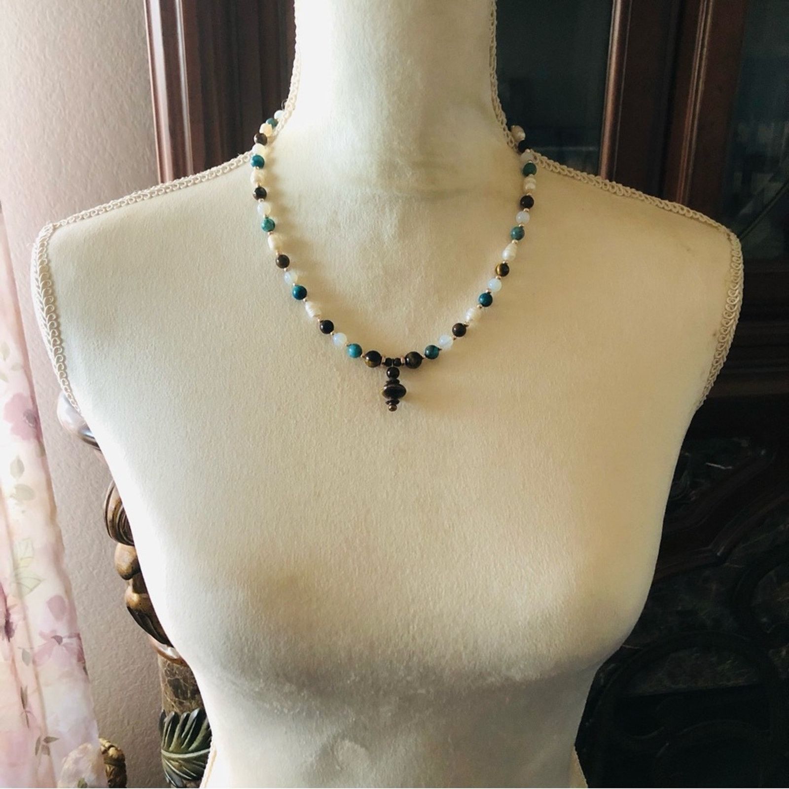 Handmade Handcrafted Tiger eye howlite stone genuine pearl necklace Size ONE SIZE - 5 Thumbnail