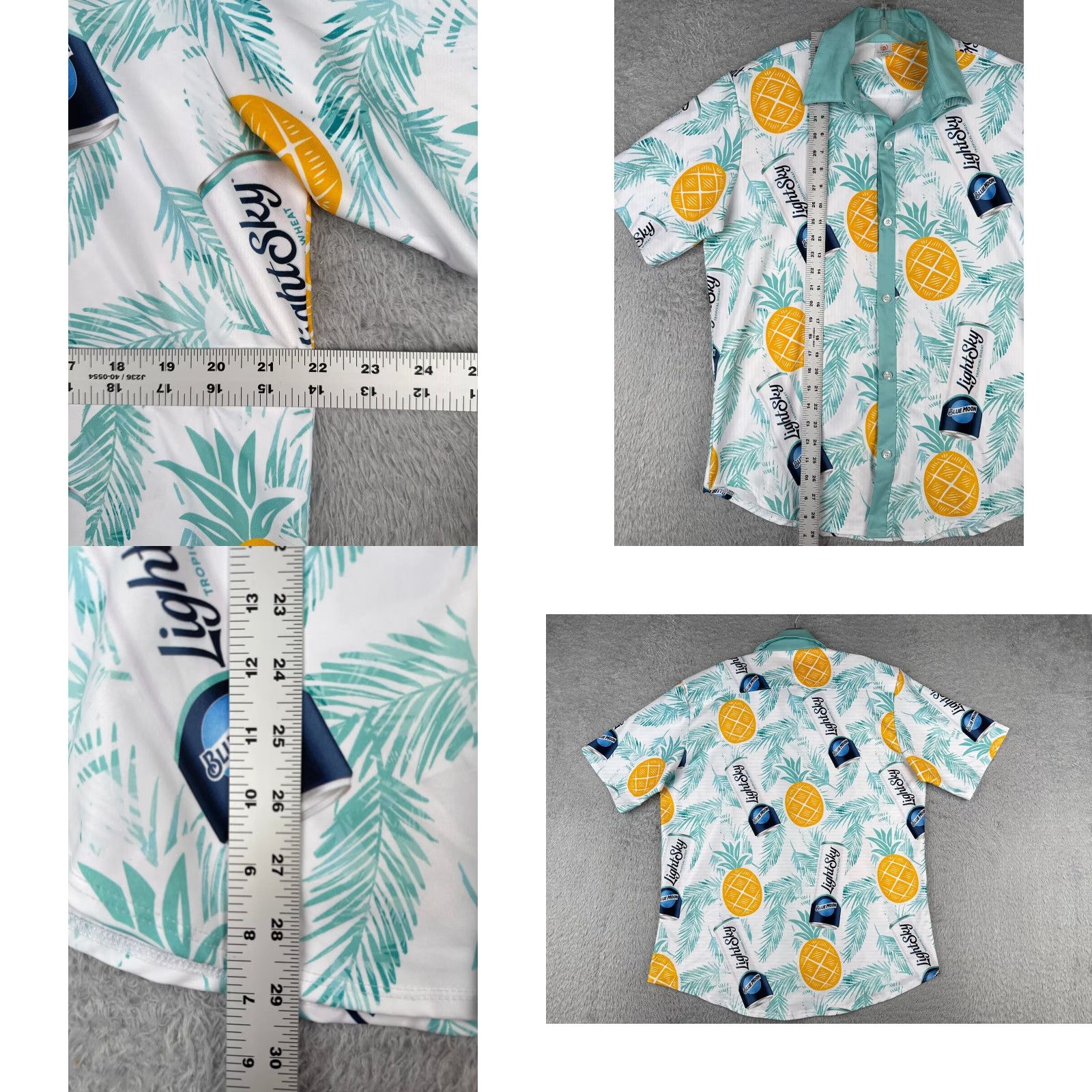 Vintage FPS Apparel Blue Moon LightSky Hawaiian AOP Floral Short Sleeve Button-Up Shirt Men L Blue Pineapple Summer Vacation Beach 40 in Chest Womens? Mens Size US L / EU 52-54 / 3 - 8 Thumbnail
