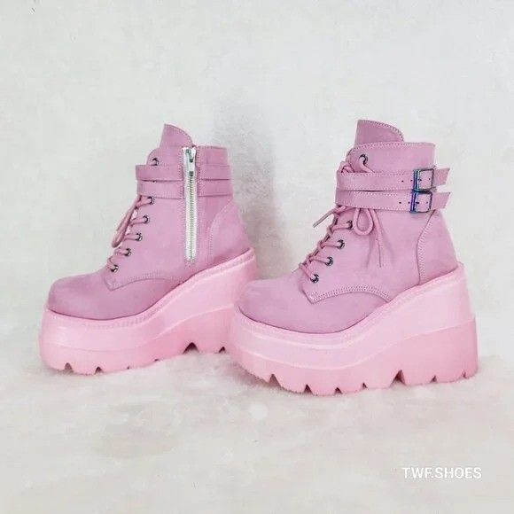 Other Shaker 52 Pink Faux Suede 4.5" Wedge Platform Ankle Boots Size US 11 / IT 41 - 2 Thumbnail