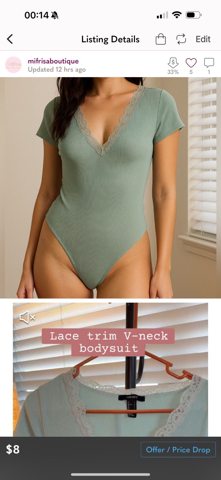 Forever 21 Forever 21 LaceTrim Ribbed V-Neck Bodysuit Sage Green Size L Size L / US 10 / IT 46 - 1 Thumbnail