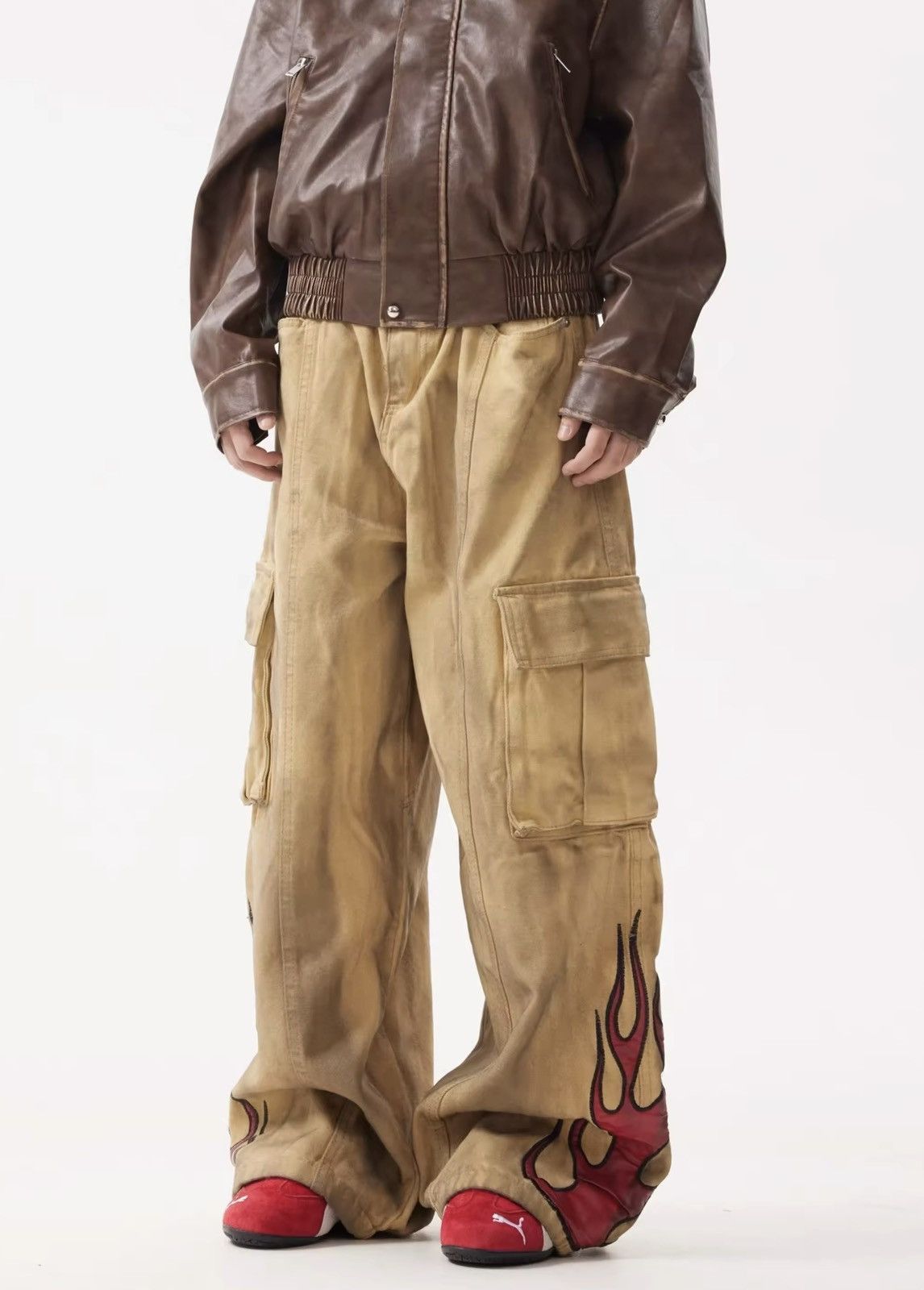 Flame Embroidery Wide Leg Dirty Jean