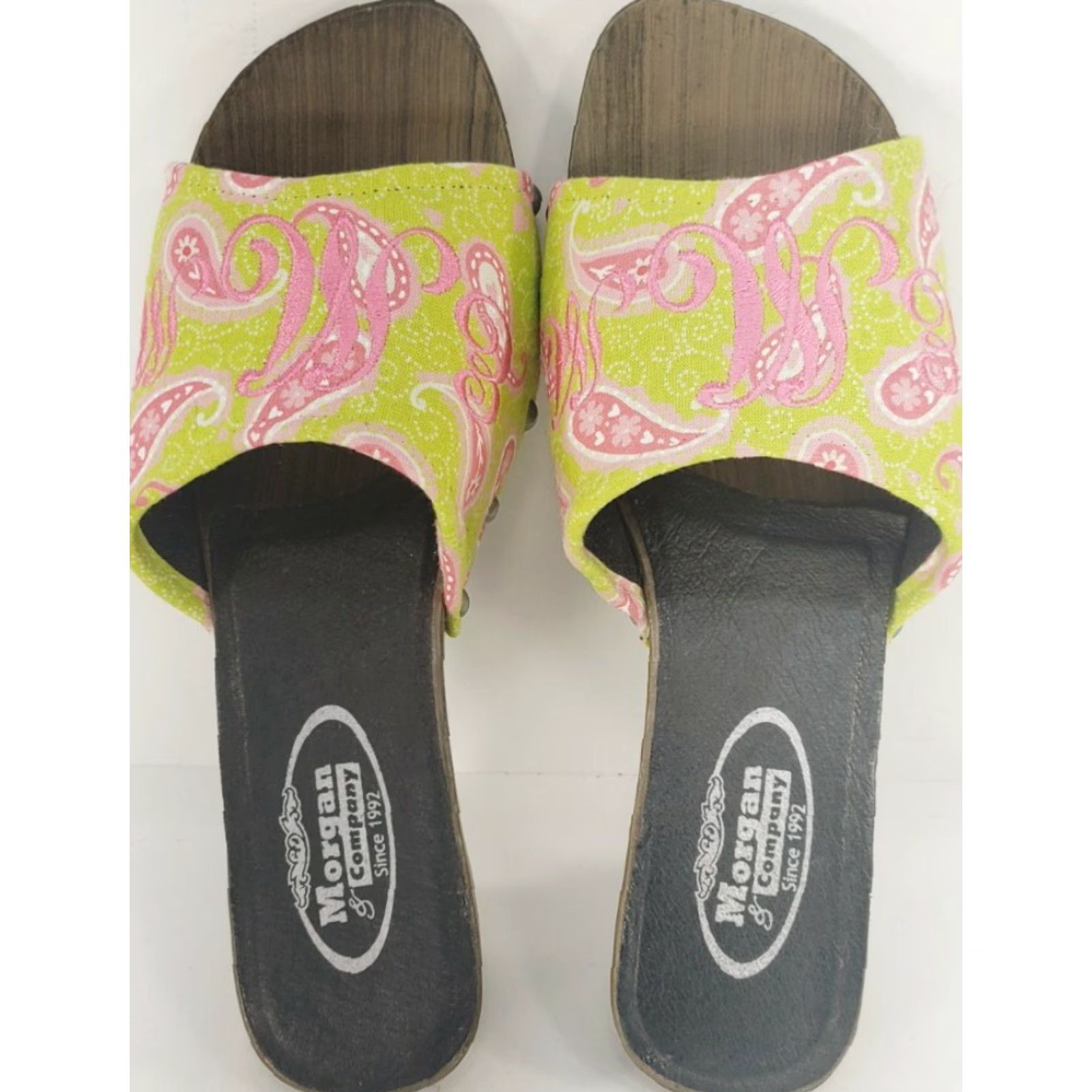 Vintage Morgan & Company Pink Chartreuse Paisley Women’s Sandal Slide Kitten Heel 8M Size US 8 / IT 38 - 6 Thumbnail
