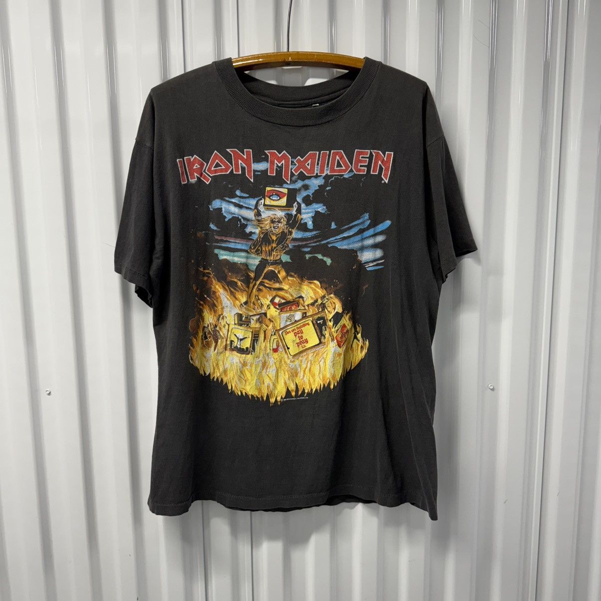 Band Tees × Iron Maiden × Vintage Vintage 90s Iron Maiden Sun Faded Black All Over Print Tee Size US XL / EU 56 / 4 - 1 Thumbnail