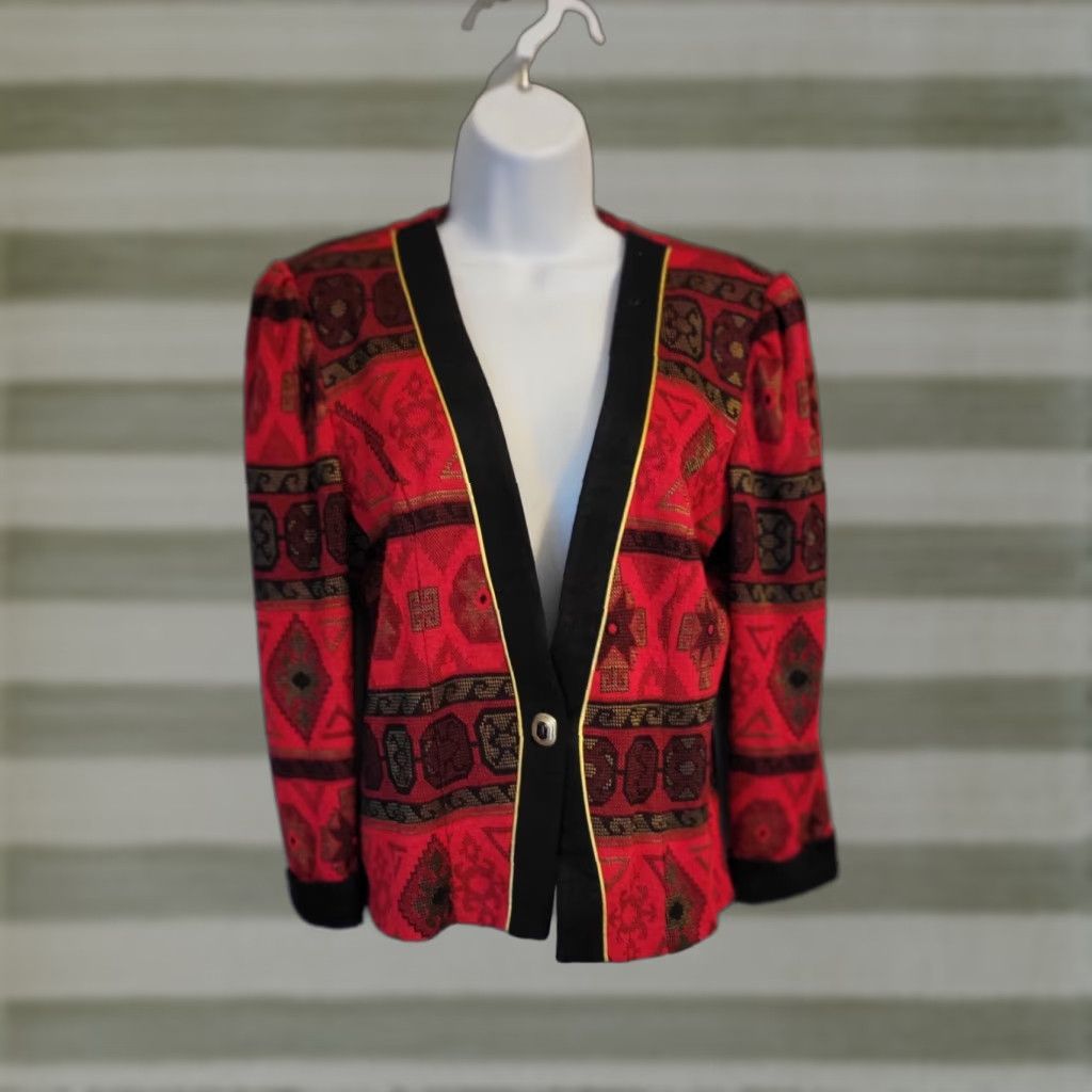 Barrie VINTAGE Tina Barrie Aztec Knit Jacket Gold Trim Petite 8 Red 80s Women Cardigan Jacket Size M / US 6-8 / IT 42-44 - 1 Thumbnail