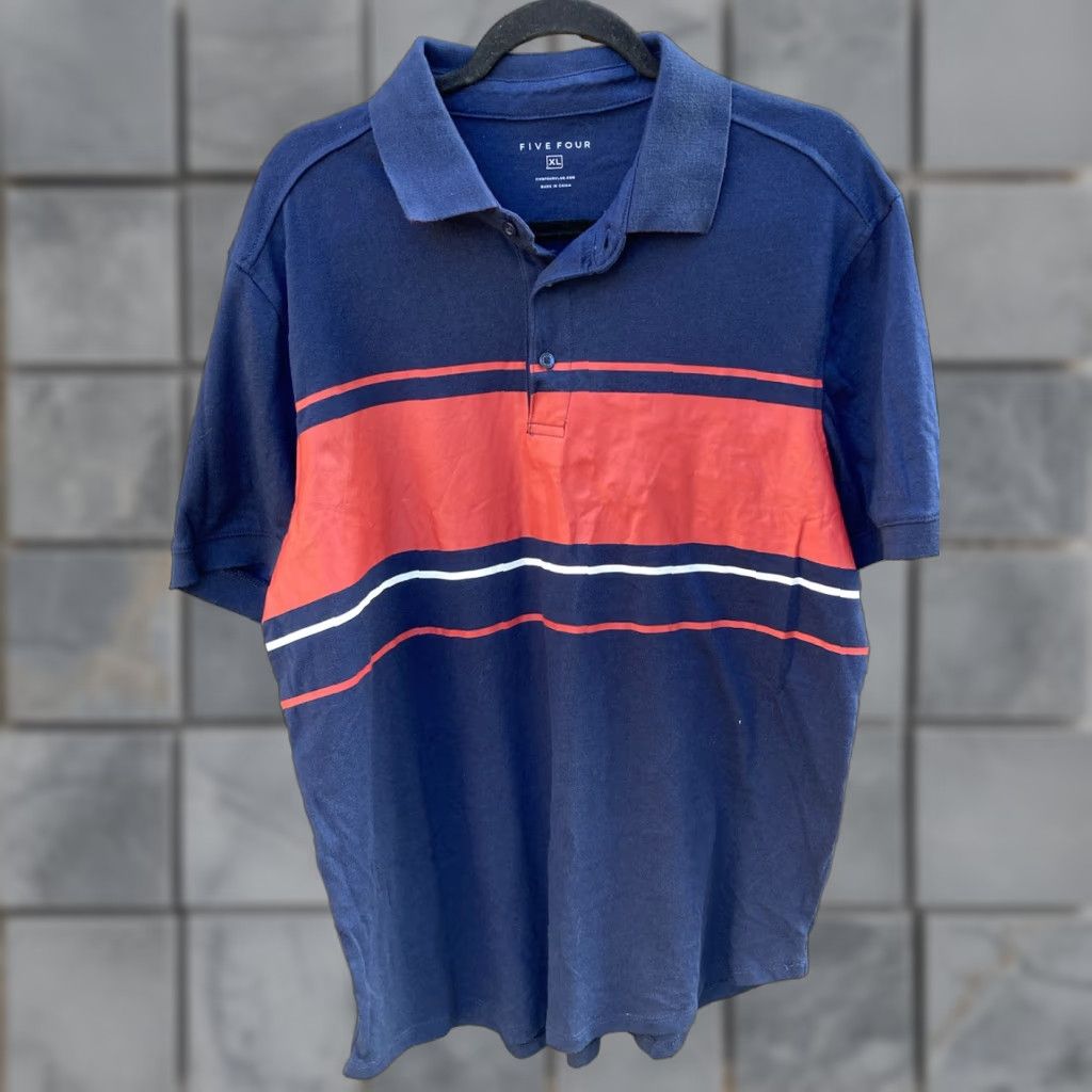 Vintage Five Four Navy Blue Striped Golf Polo XL Cotton Button Stretch Light City Shirt Men Size US XL / EU 56 / 4 - 1 Thumbnail
