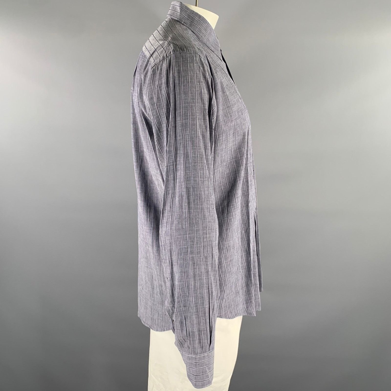 Brioni BRIONI L Navy Grey Stripe Linen Blend Pointed Collar Shirt Size US L / EU 52-54 / 3 - 3 Thumbnail