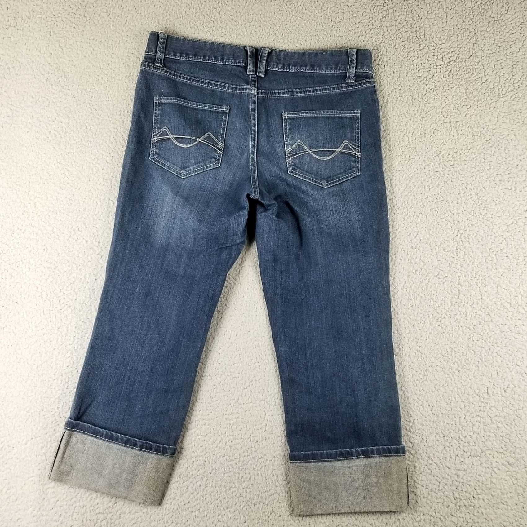 Mossimo Mossimo Supply Co Jeans Juniors 7 Crop Mid Rise Blue Denim Cuffed Whiskers 30X21 Womens Girls Knit Denim Zip Button - Size 28" / US 6 / IT 42 - 6 Thumbnail