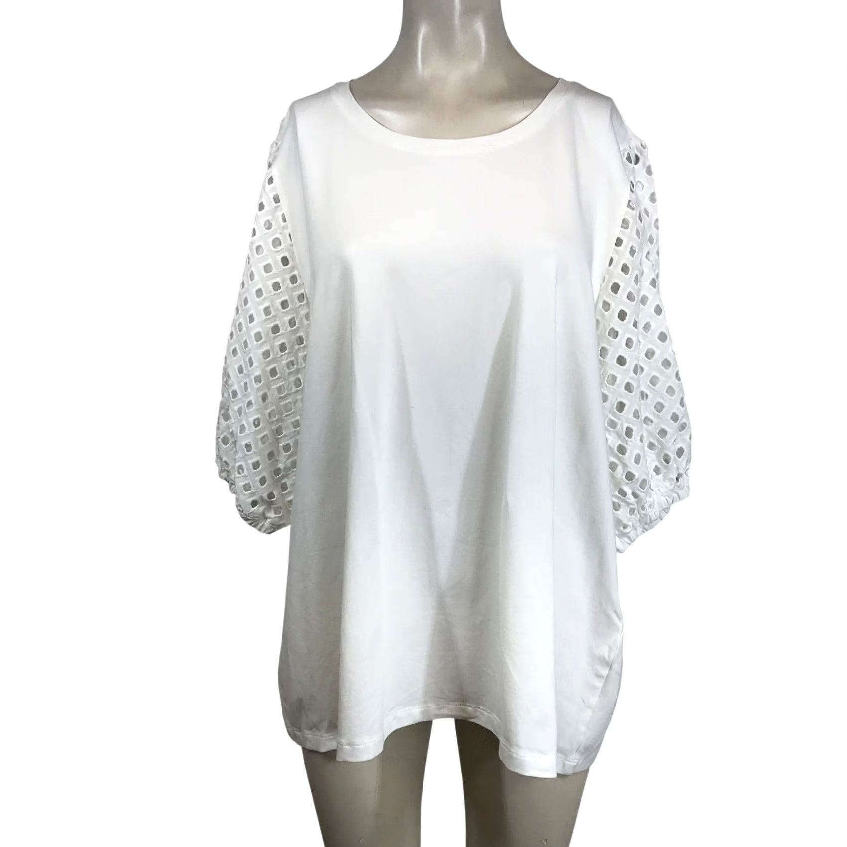 Vintage Chicos White Knit Top Crew Neck Size 4 XXL Relaxed Fit Eyelet Puff Sleeve Size XXL / US 16-18 / IT 52-54 - 2 Thumbnail