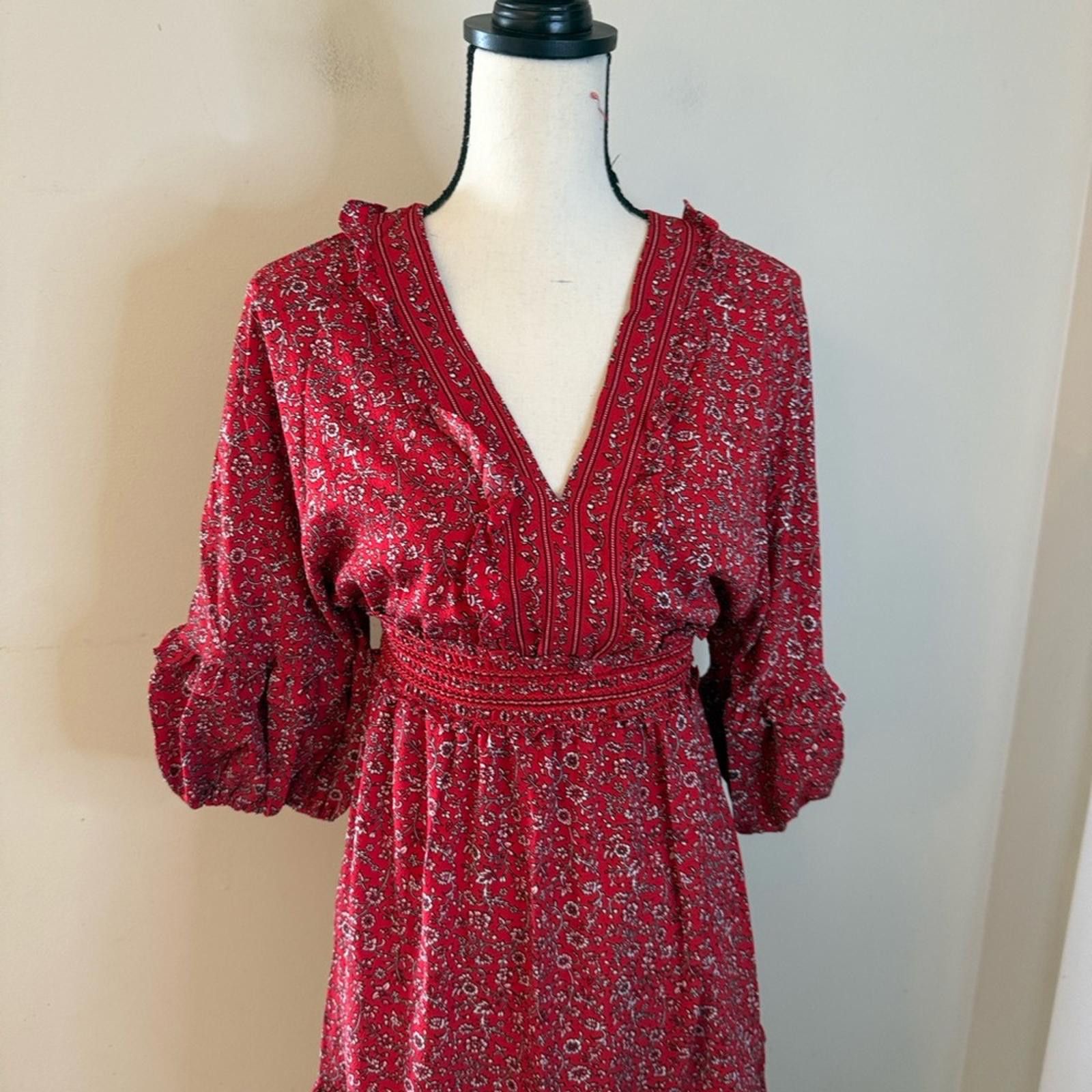 Other Max Studio Red Floral tiered maxi dress puffy sleeves SZ SM Size S / US 4 / IT 40 - 2 Thumbnail