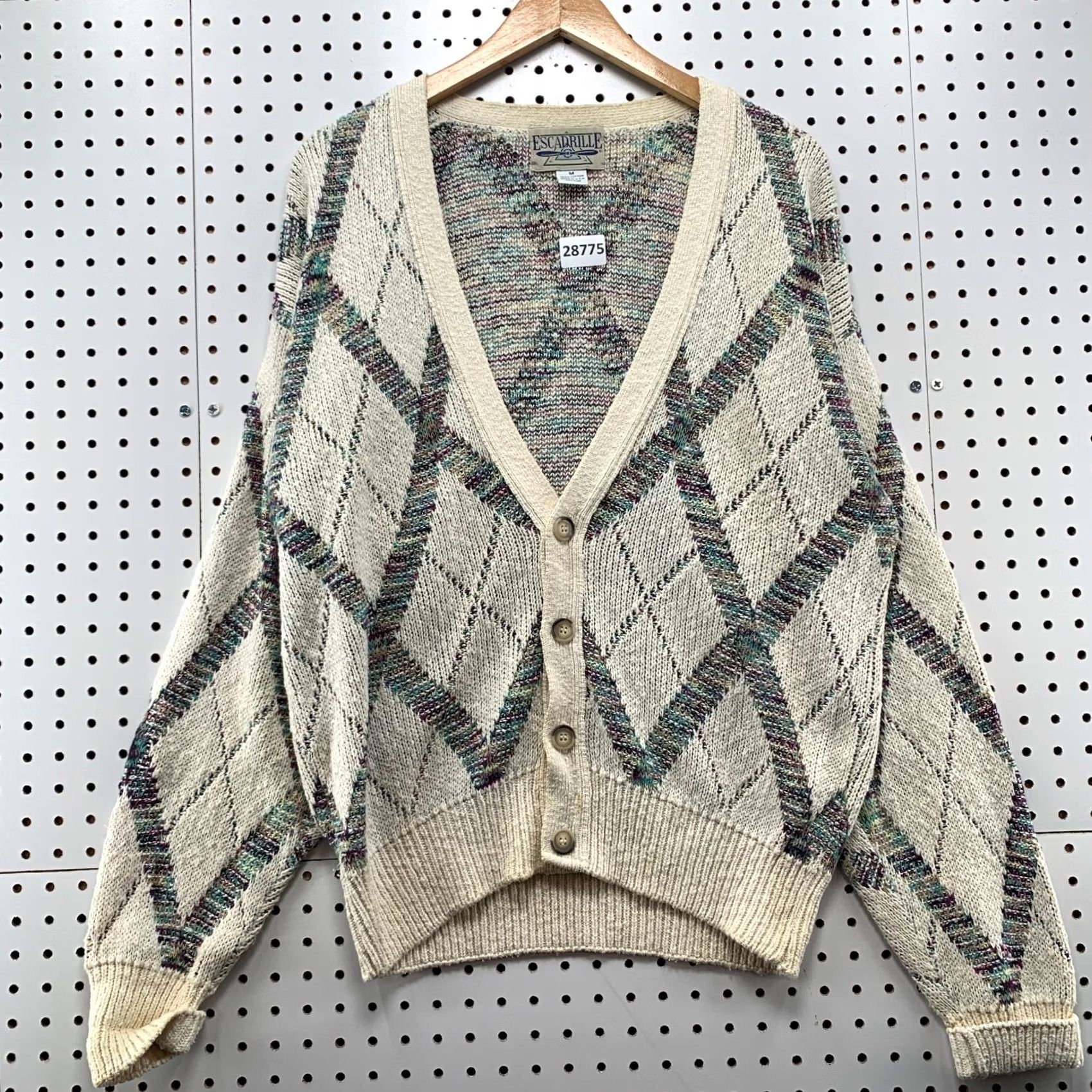 Vintage VINTAGE Escadrille Knit Cardigan Sweater Mens M Beige Argyle 90s USA 23X27 Size US M / EU 48-50 / 2 - 2 Thumbnail