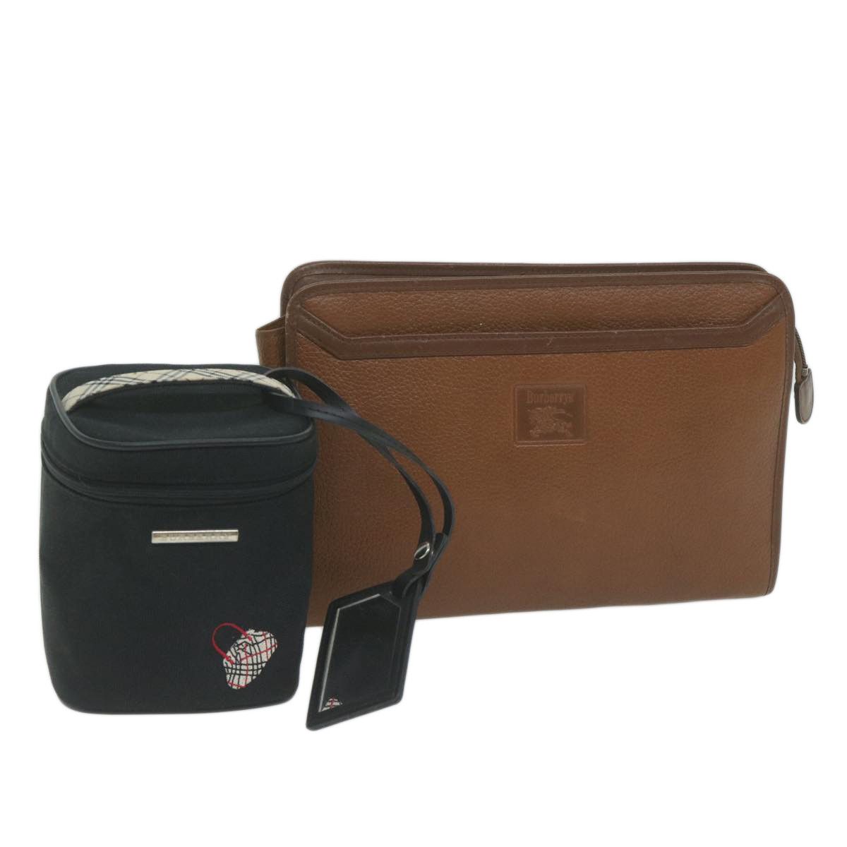 image of Burberry Burberrys Cosmetic Clutch Bag Leather 2Set Black Brown Auth Fm3179 in Black/Brown, Women's