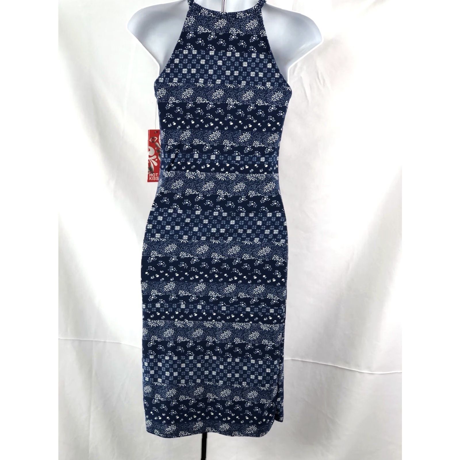 Vintage NWT Hot Kiss Tank Halter Dress S Blue Geo Sleeveless Sheath Hippie Boho Beach Size S / US 4 / IT 40 - 5 Thumbnail
