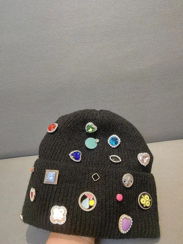 Other Black Beanie Hat with Colorful Gems and Badges Size ONE SIZE - 4 Thumbnail
