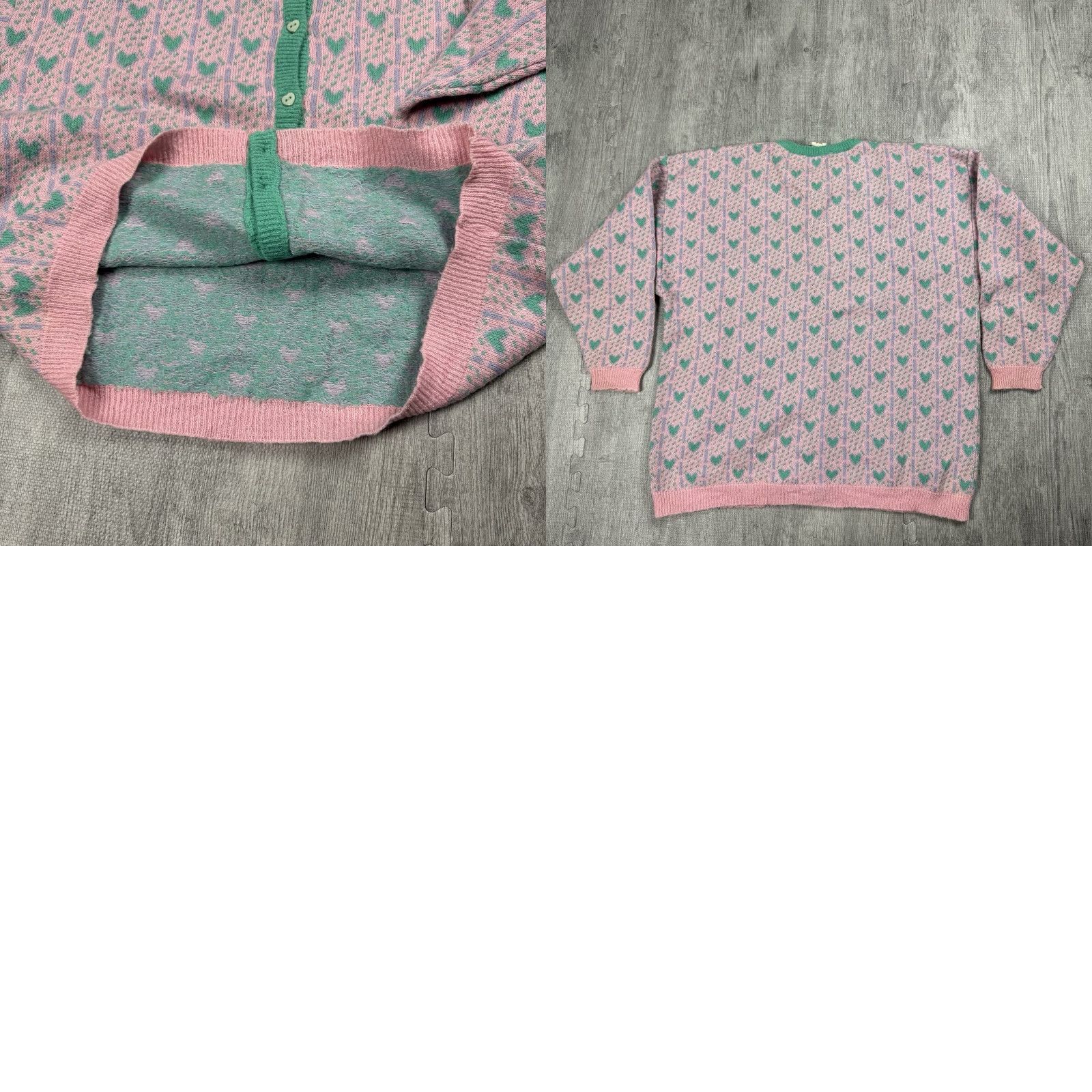 Vintage VINTAGE 1980s Alain Manoukian Pink Mint Green Heart Pattern Cardigan Sweater Women’s Large Oversized Italy Size L / US 10 / IT 46 - 8 Thumbnail