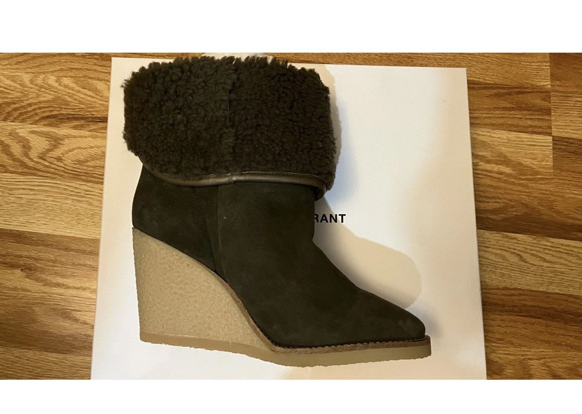 Isabel Marant Chic Army green suede sheep fur trim wedges Size US 8 / IT 38 - 8 Thumbnail