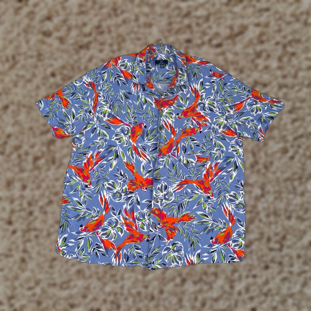 George George Shirt Adult Large Blue Floral Parrot Button Up Hawaiian 100% Rayon Mens Size US L / EU 52-54 / 3 - 1 Thumbnail