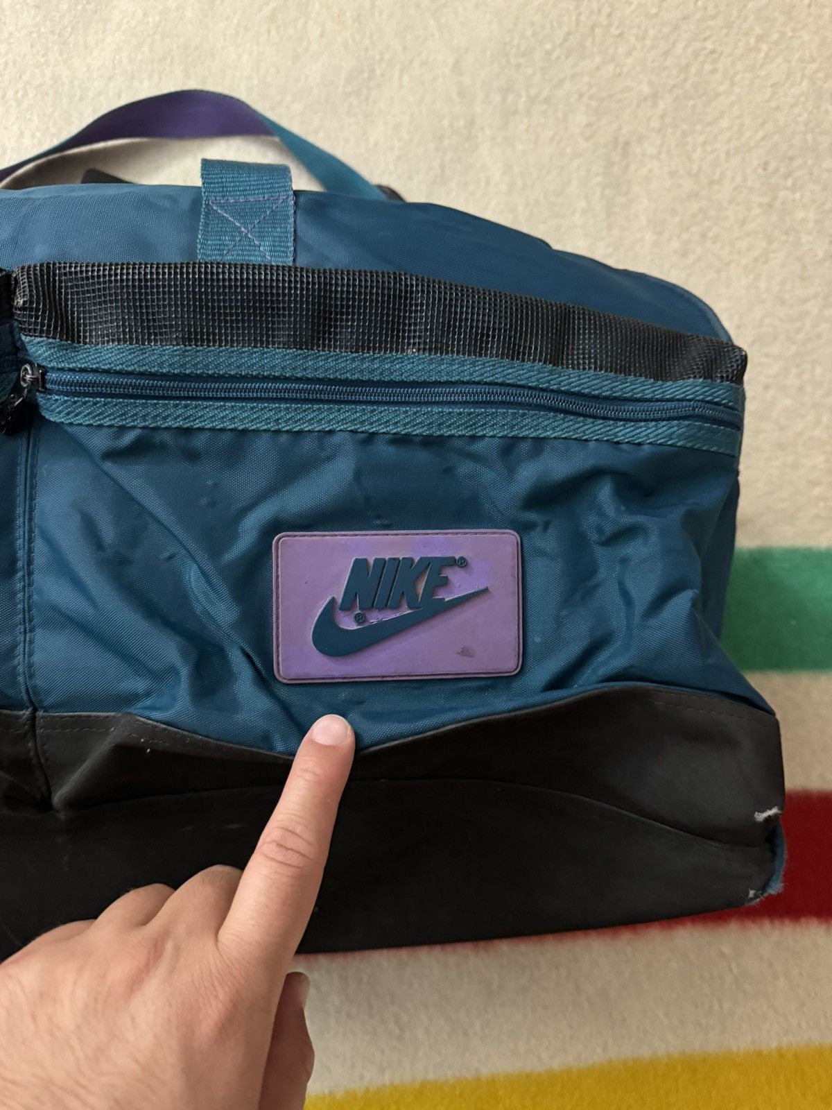 Nike × Vintage Vintage 80s 90s Purple Teal Aqua Nike Jumbo Duffle Bag BRS Size ONE SIZE - 4 Thumbnail