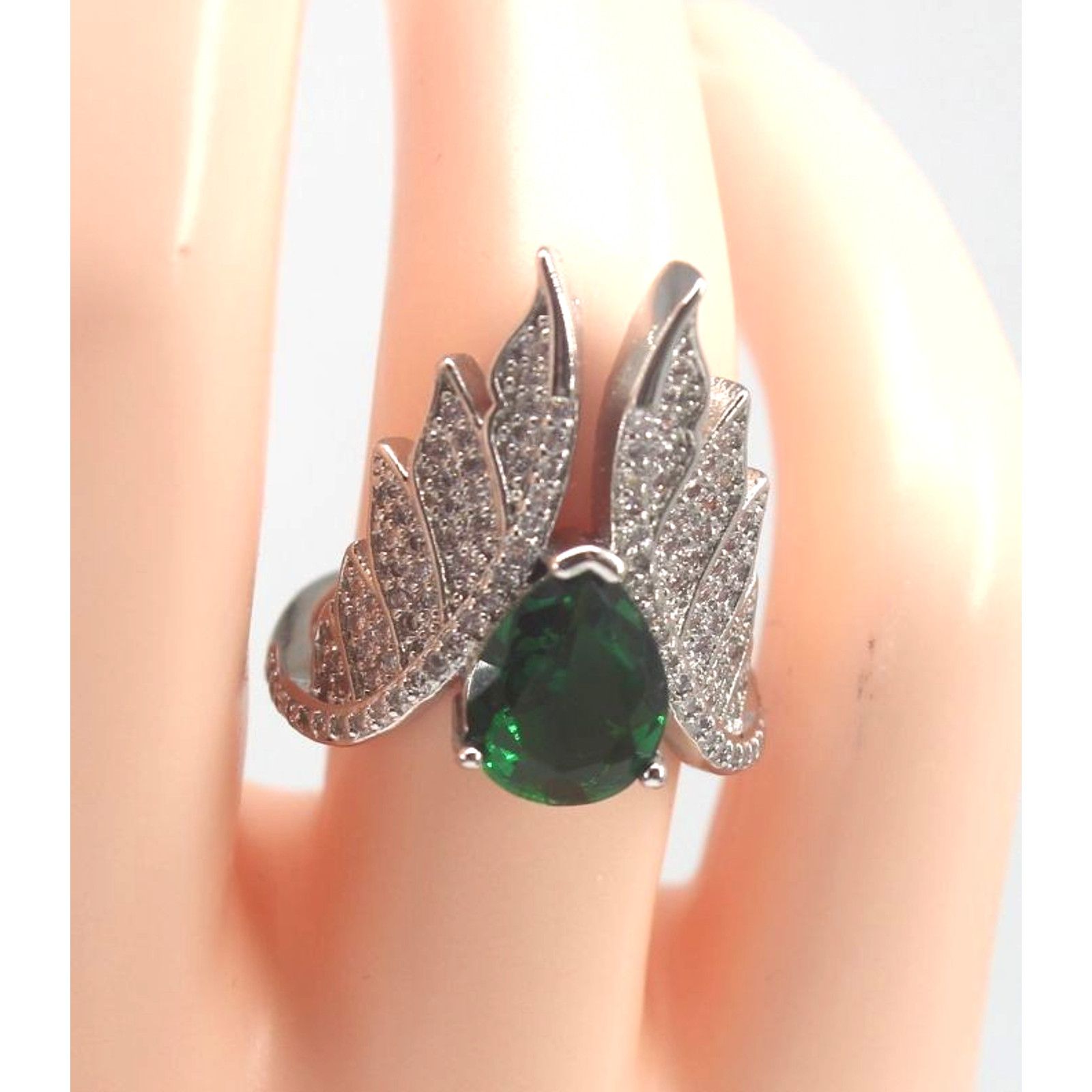 Other Faux Emerald Silver Tone Ring Pave Rhinestone Wings • Size 6 Size ONE SIZE - 2 Thumbnail
