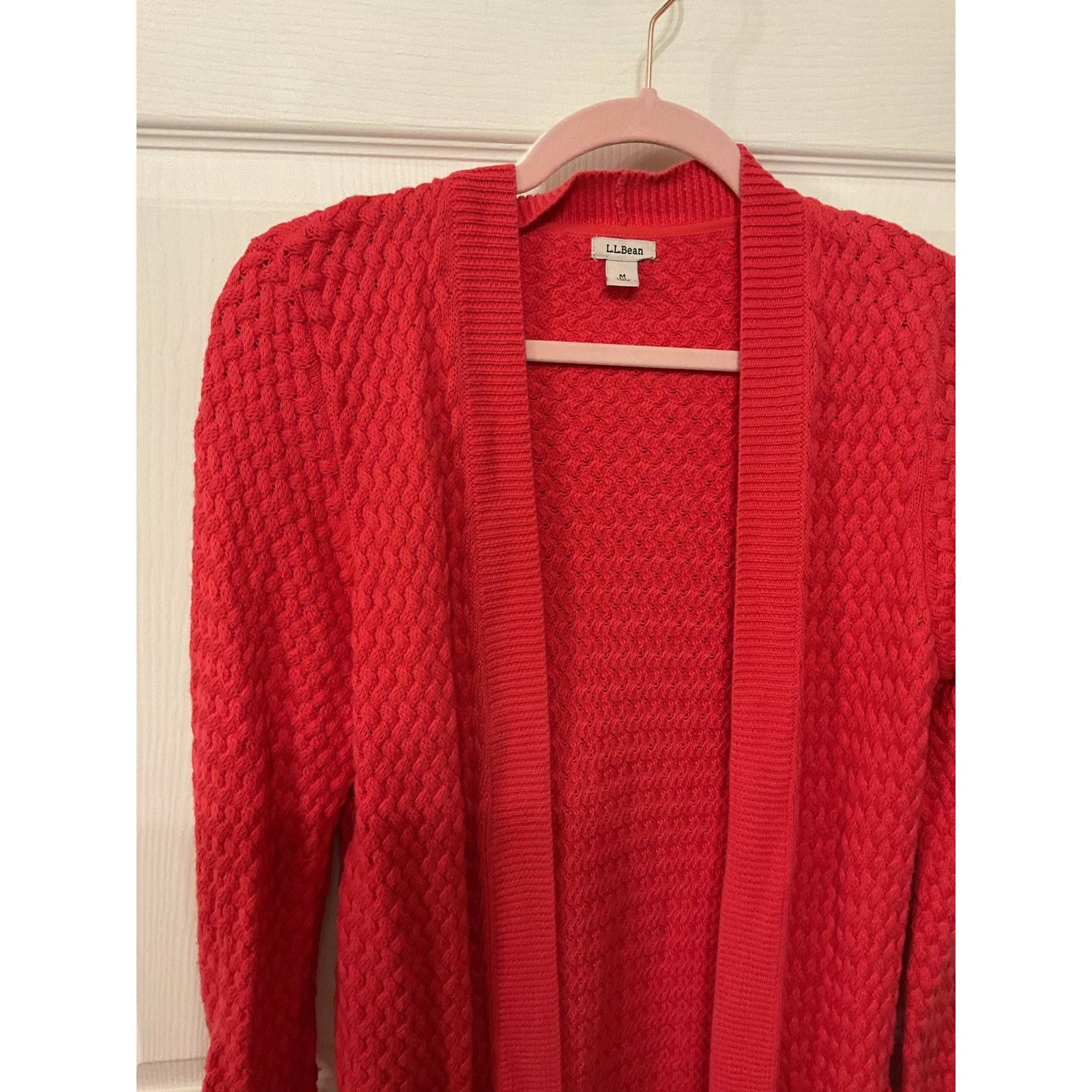 L.L. Bean L.L. Bean Woven Knit Coral Cotton Open Front Cardigan, sz M Size M / US 6-8 / IT 42-44 - 2 Thumbnail