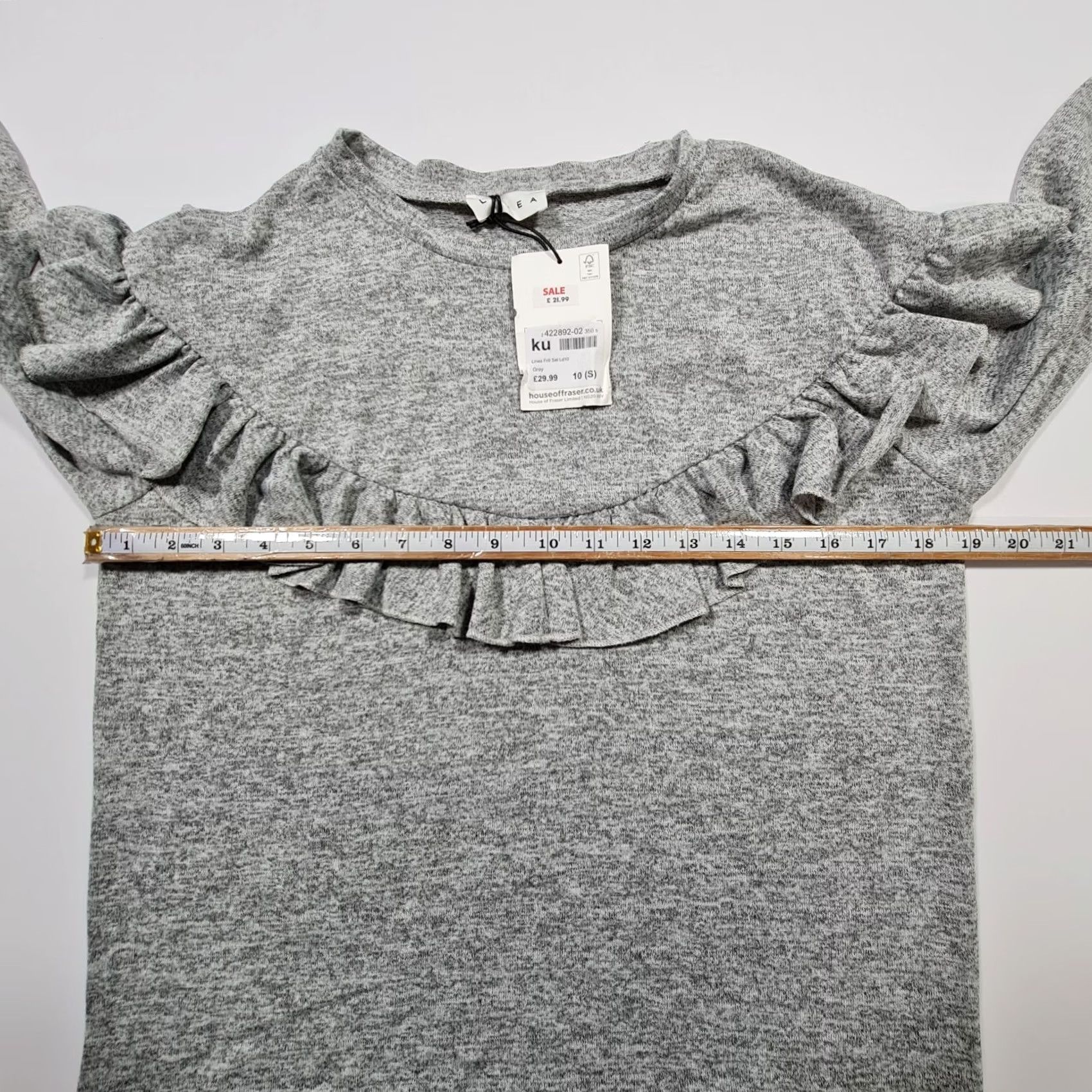 Vintage Linea Womens T Shirt Grey 10 UK Long Sleeves Stretch Frilled Top Size L / US 10 / IT 46 - 5 Thumbnail
