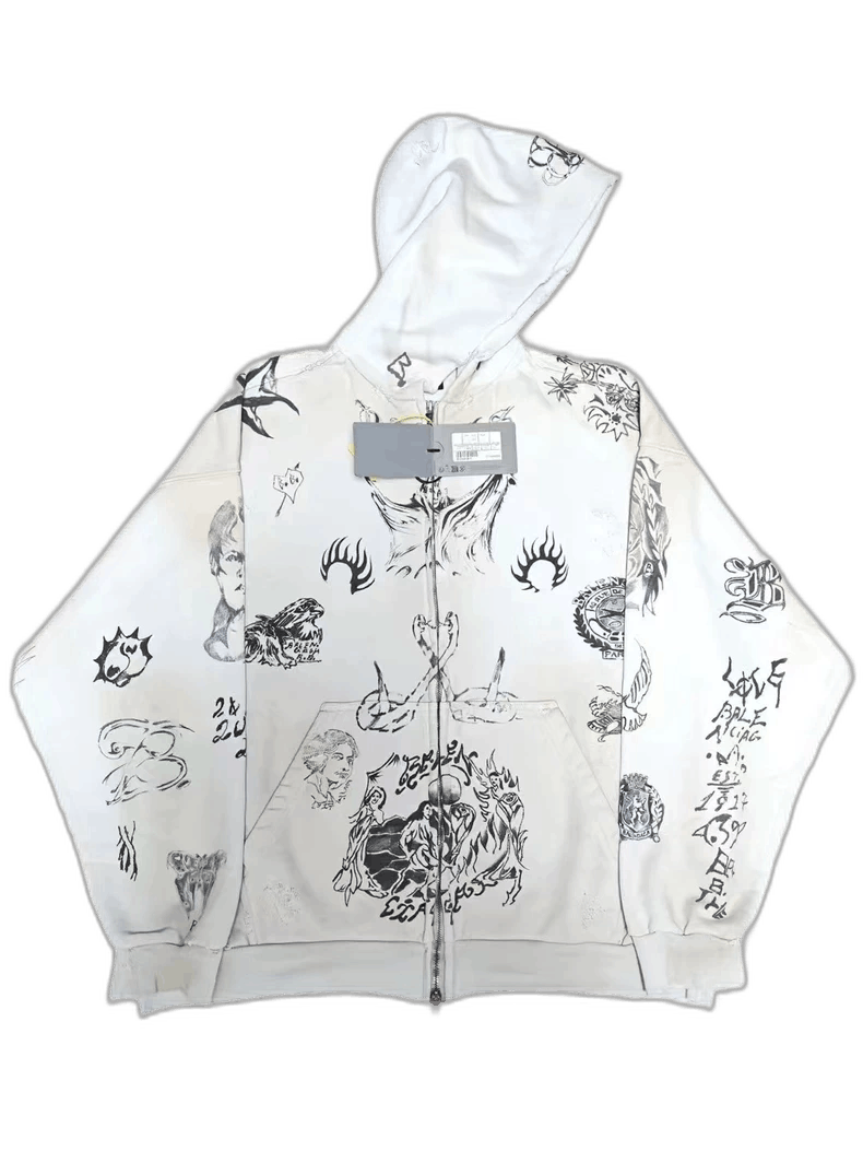 BALENCIAGA タトゥーデザイン メルトン ジップ フーディー ロゴ Balenciaga Tattoo Hoodie | Grailed