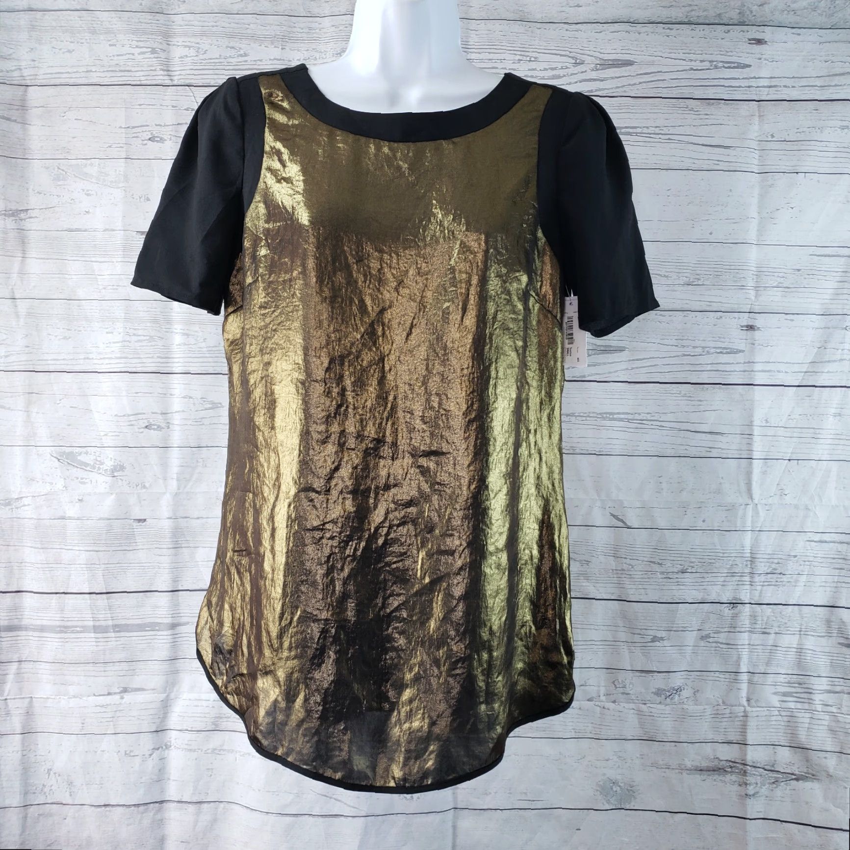 Vintage Bisou Bisou Womens Top Sz Small Black Gold Short Sleeve V-Neck Back Size S / US 4 / IT 40 - 2 Thumbnail