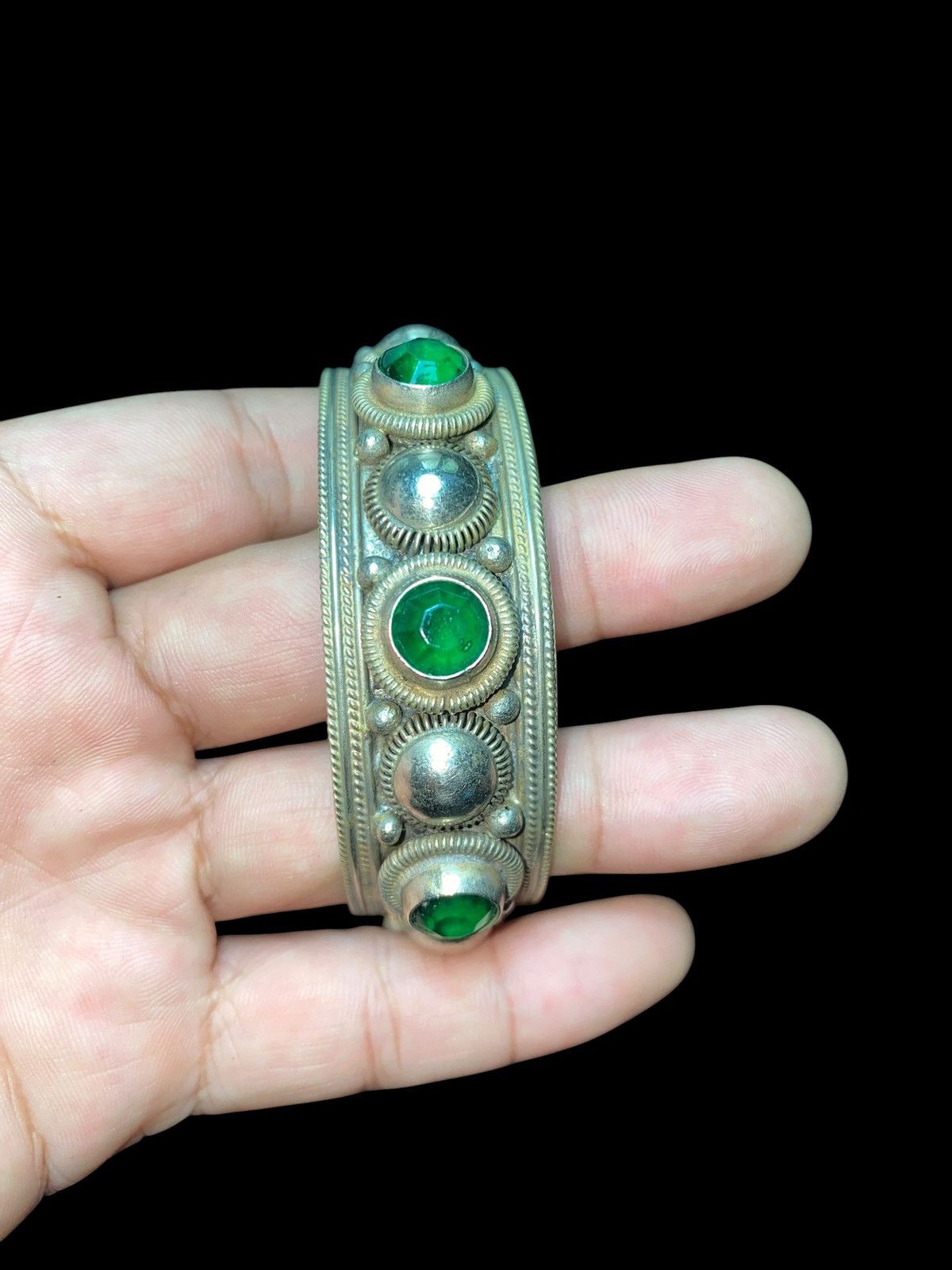 Sterling Silver Vintage 60s-70s Siam Sterling Silver Bracelet emerald green Size ONE SIZE - 5 Thumbnail