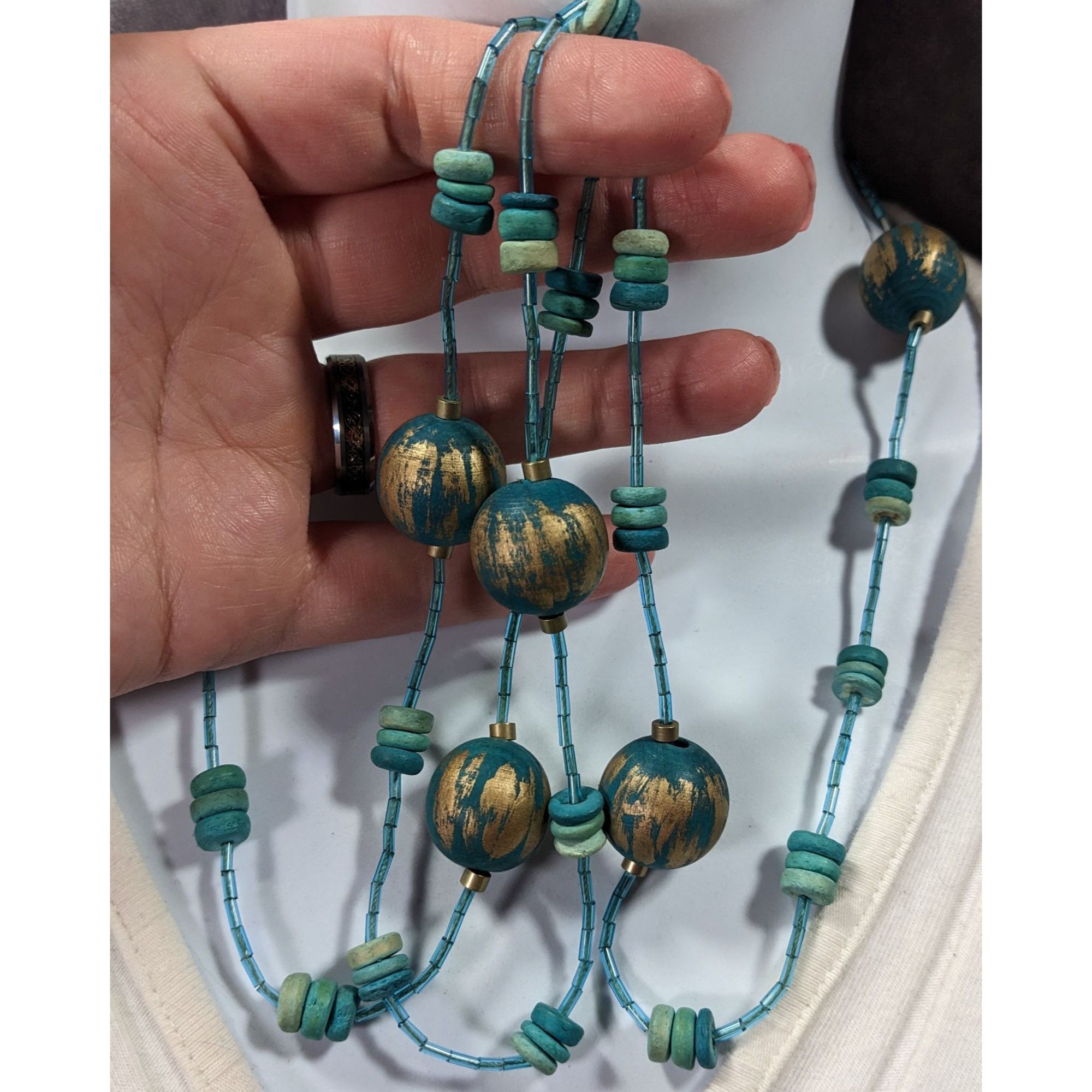 Other Blue And Gold Tone Wood And Glass Beaded Fantasy Necklace Size ONE SIZE - 3 Thumbnail
