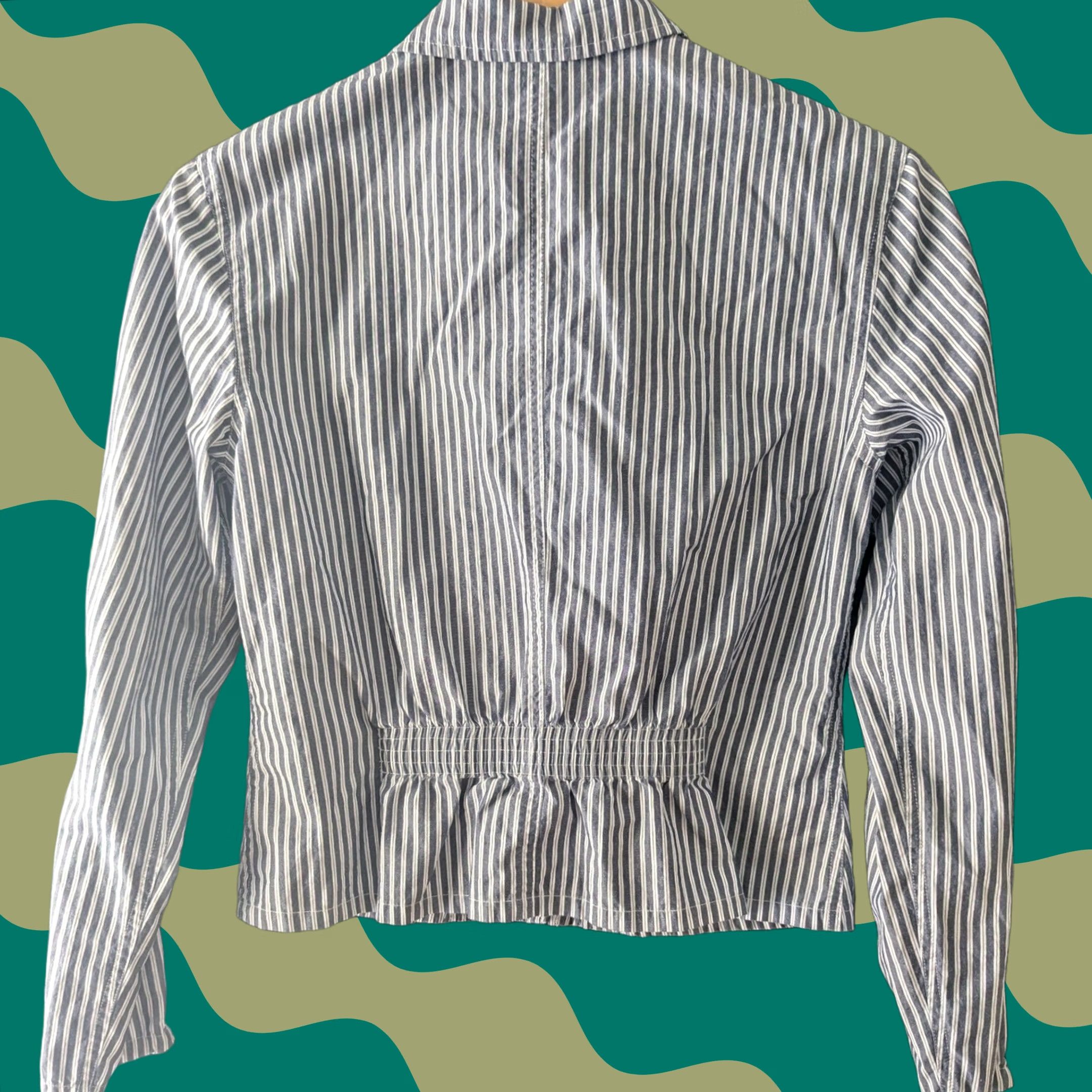 Vintage Dana B and Karen Striped Jacket Women's Size 6 Blue White Zip Front Collared Short Sleeve Elastic Waist Casual Workwear) Size M / US 6-8 / IT 42-44 - 1 Thumbnail