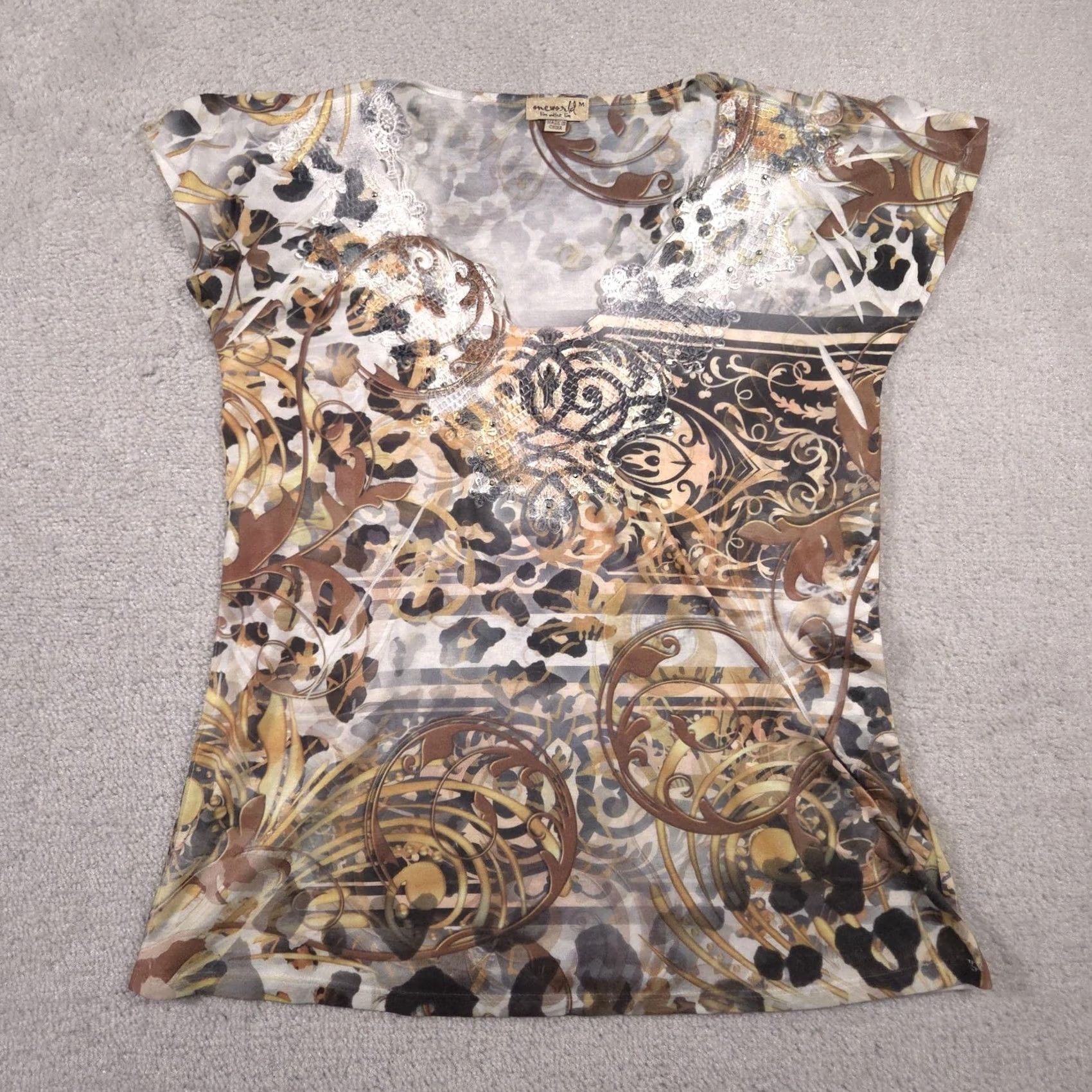 Vintage VINTAGE One World Shirt Womens Medium Brown Gold Animal Print Embroidered Sequin Boho Top Size M / US 6-8 / IT 42-44 - 2 Thumbnail