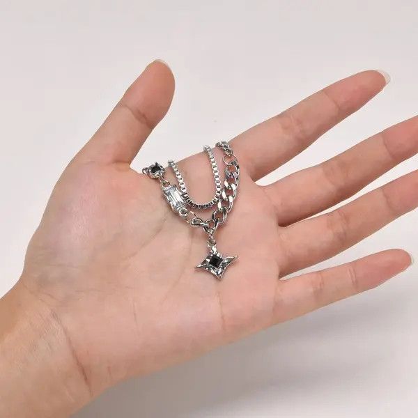 Vintage Mens Double Chain Black Star Charm Choker Necklaces Size ONE SIZE - 3 Thumbnail